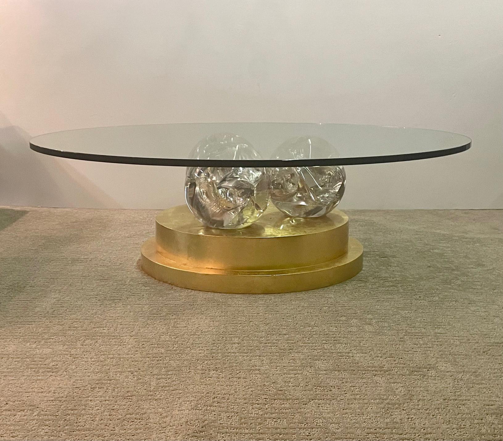 Rock Star Large Custom Round Giltwood & Glass Coffee Table with Huge Lucite Orbs 2
