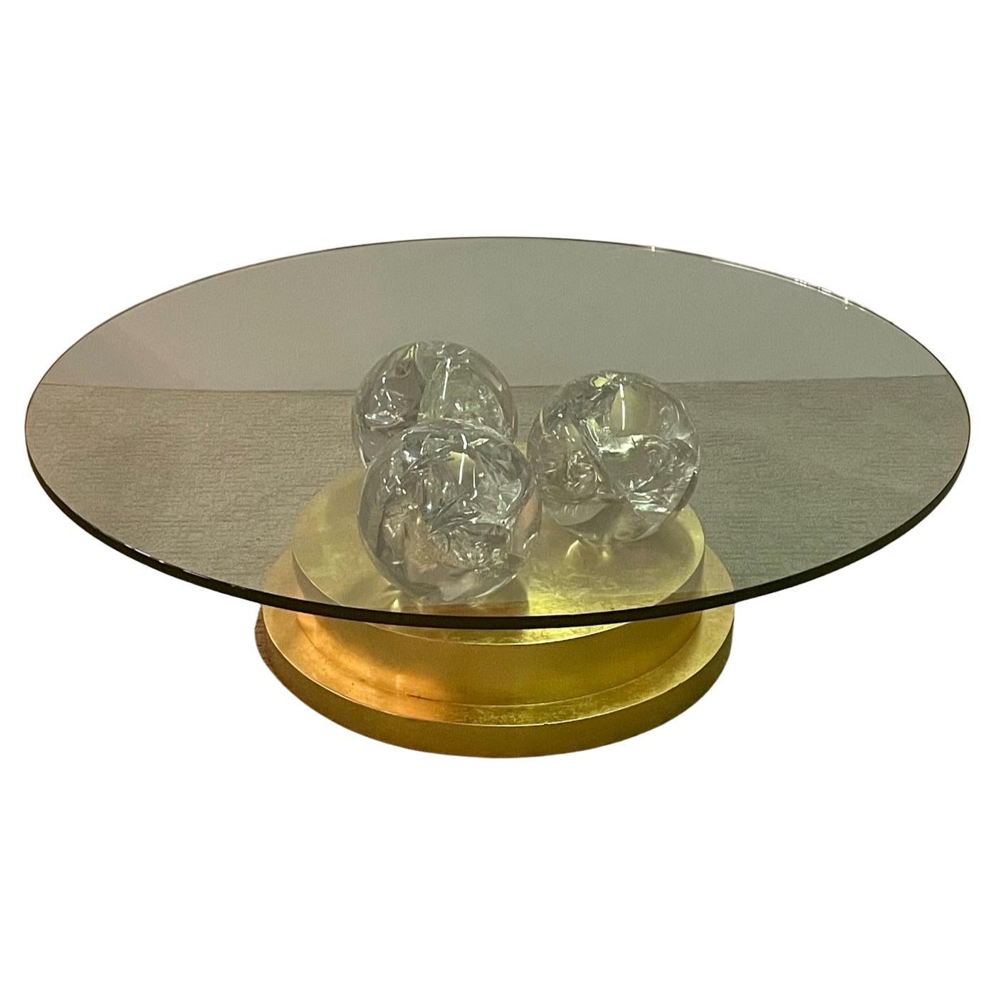 Rock Star Large Custom Round Giltwood & Glass Coffee Table with Huge Lucite Orbs