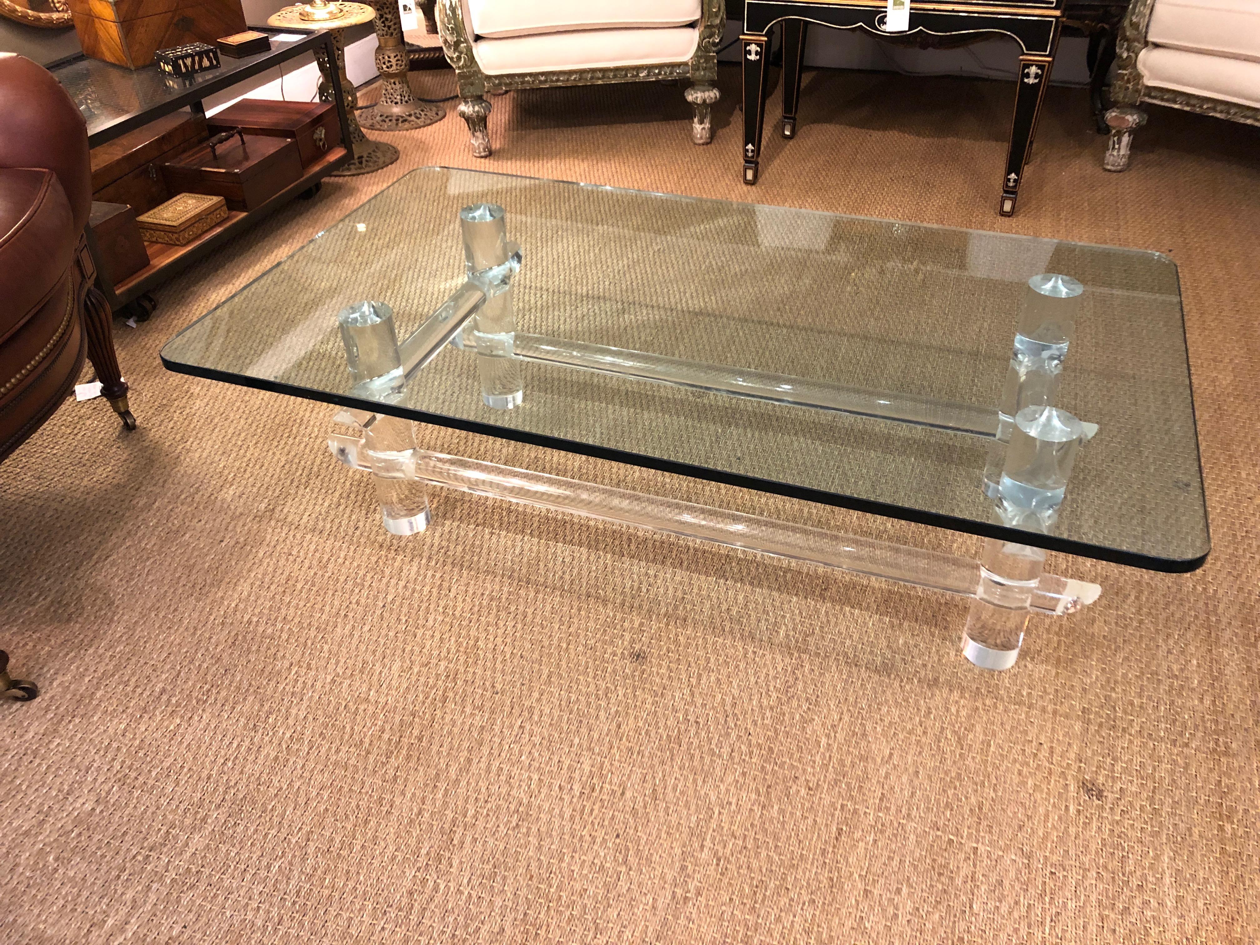 American Rock Star of a Lucite and Glass Coffee Table in the Style of Parzinger