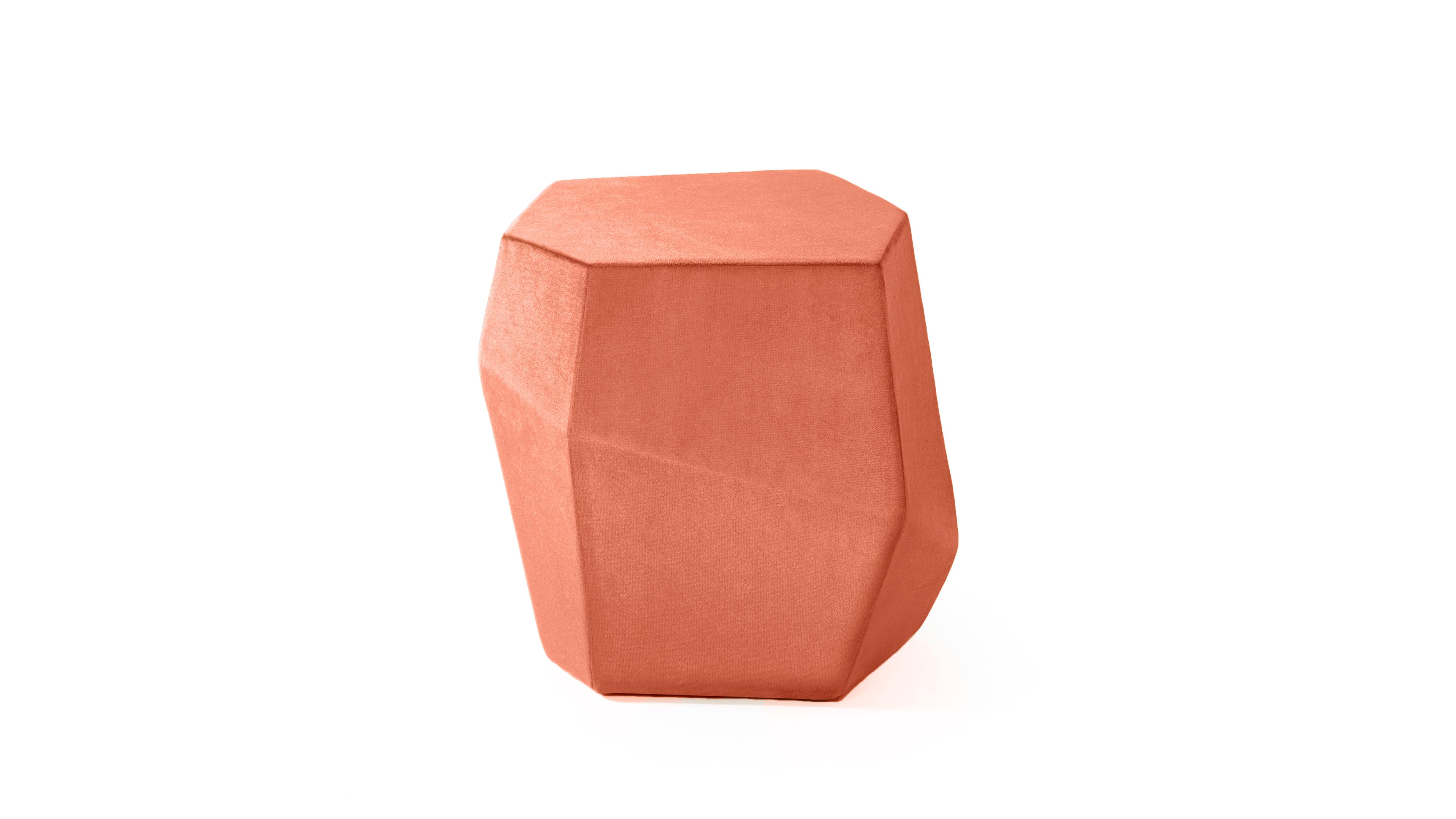 Rock Stool by InsidherLand
Dimensions: D 42 x W 53 x H 50 cm.
Materials: InsidherLand Bright Velvet Ref. Pink fabric.
7 kg.
Available in different fabrics.

Rock is a stool with the same form of the smaller table of the Three Rocks set. The