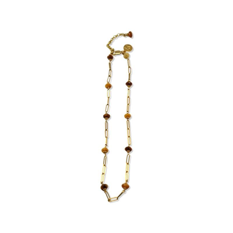 Story Behind the Jewelry
Rock the Chain necklace marries two beautiful elements; 14K gold paperclip chain and rich faceted yellow jade with hues of burning amber and yellow. The paperclip chain is not going away. Our designs incorporate the use in