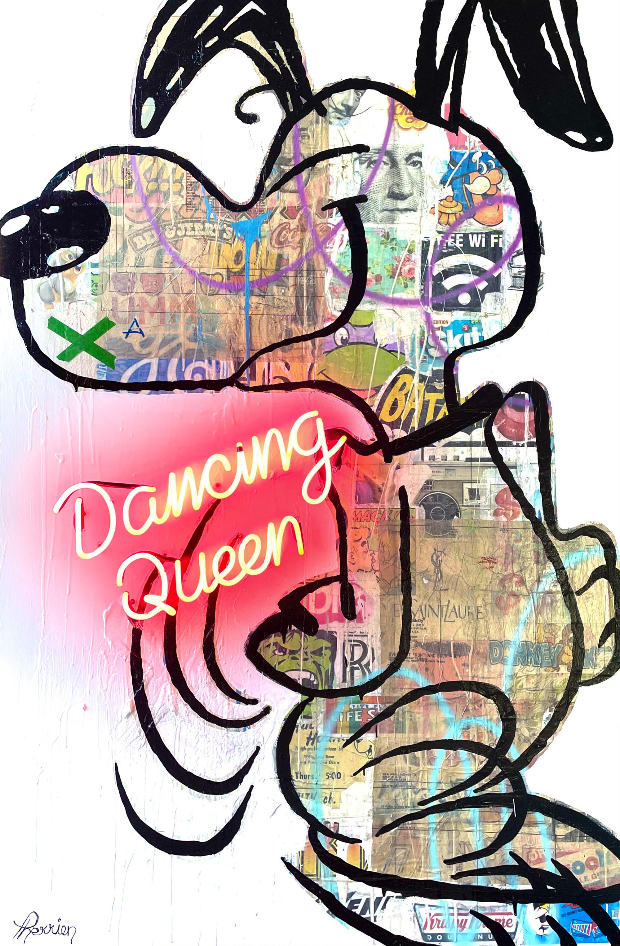 "Dancing Queen" Pop Art Style Artwork with Snoopy Motif with Real Neon Lights - Mixed Media Art by Rock Therrien