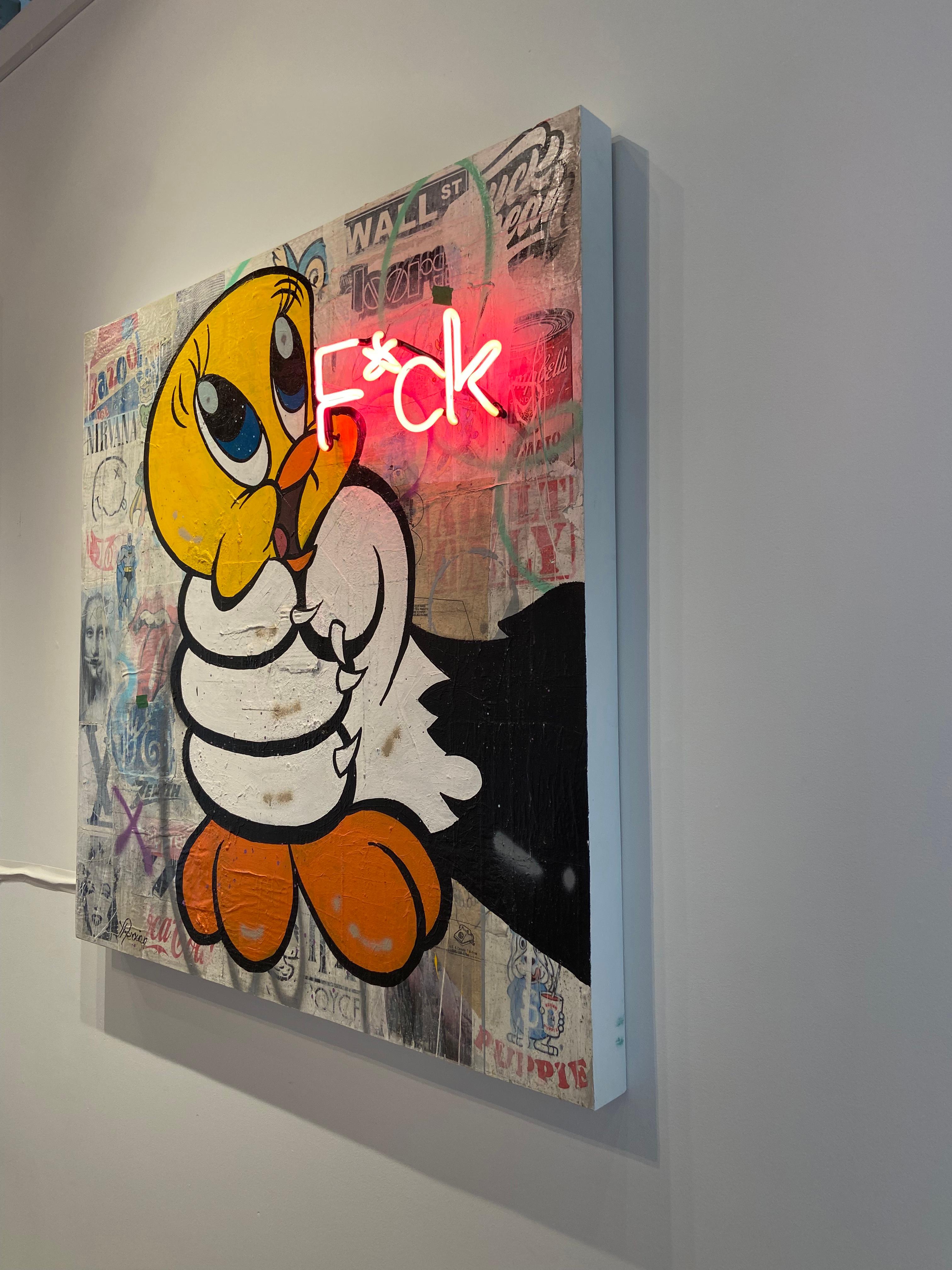 Œuvre d'art de style Pop Art « F*CK » avec motif Looney Tunes Tweety & Sylvester et néon 3