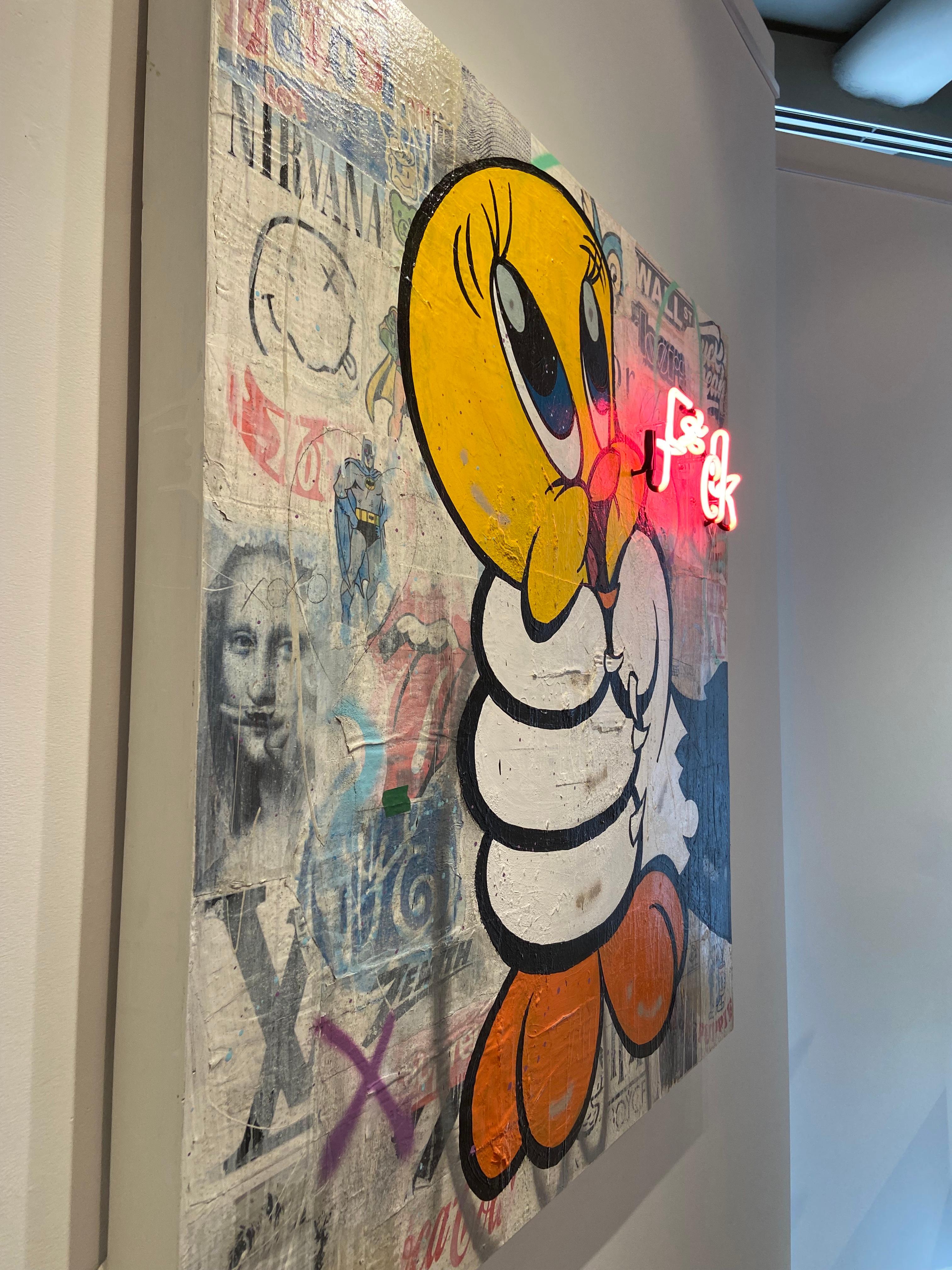 Œuvre d'art de style Pop Art « F*CK » avec motif Looney Tunes Tweety & Sylvester et néon 5