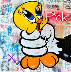 Pop-Art-Stil-Kunstwerk ""F*CK" mit Looney Tunes, Tweety- und Sylvester-Motiv und Neon