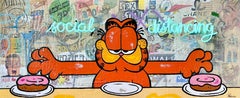 ""soziale Distanz"" Pop-Art-Collage-Stil Garfield-Motiv-Kunstwerk mit realem Neon