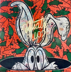 "Was gibt's?" Pop-Art-Stil-Kunstwerk mit Bugs Bunny-Motiv und Neon-Leuchten