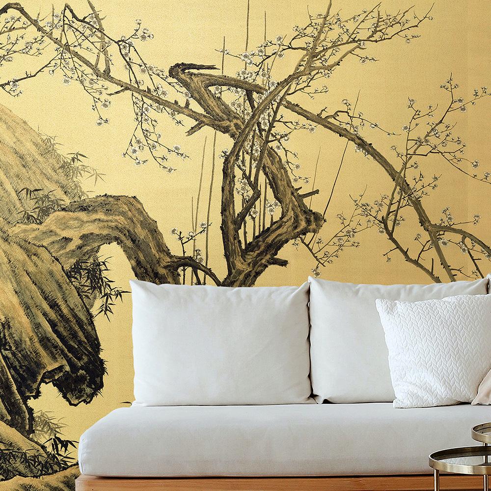 Rock Tree is a beautiful chinoiserie mural wallpaper panel Inspired by Japanese ink wash painting. This design can add visual interest to a bedroom, living room, or any room in your apartment or home.  The mural has 6 panels spanning a 18 foot wall.