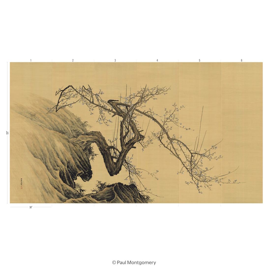 Chinoiserie Rock Tree Mural Wallpaper For Sale