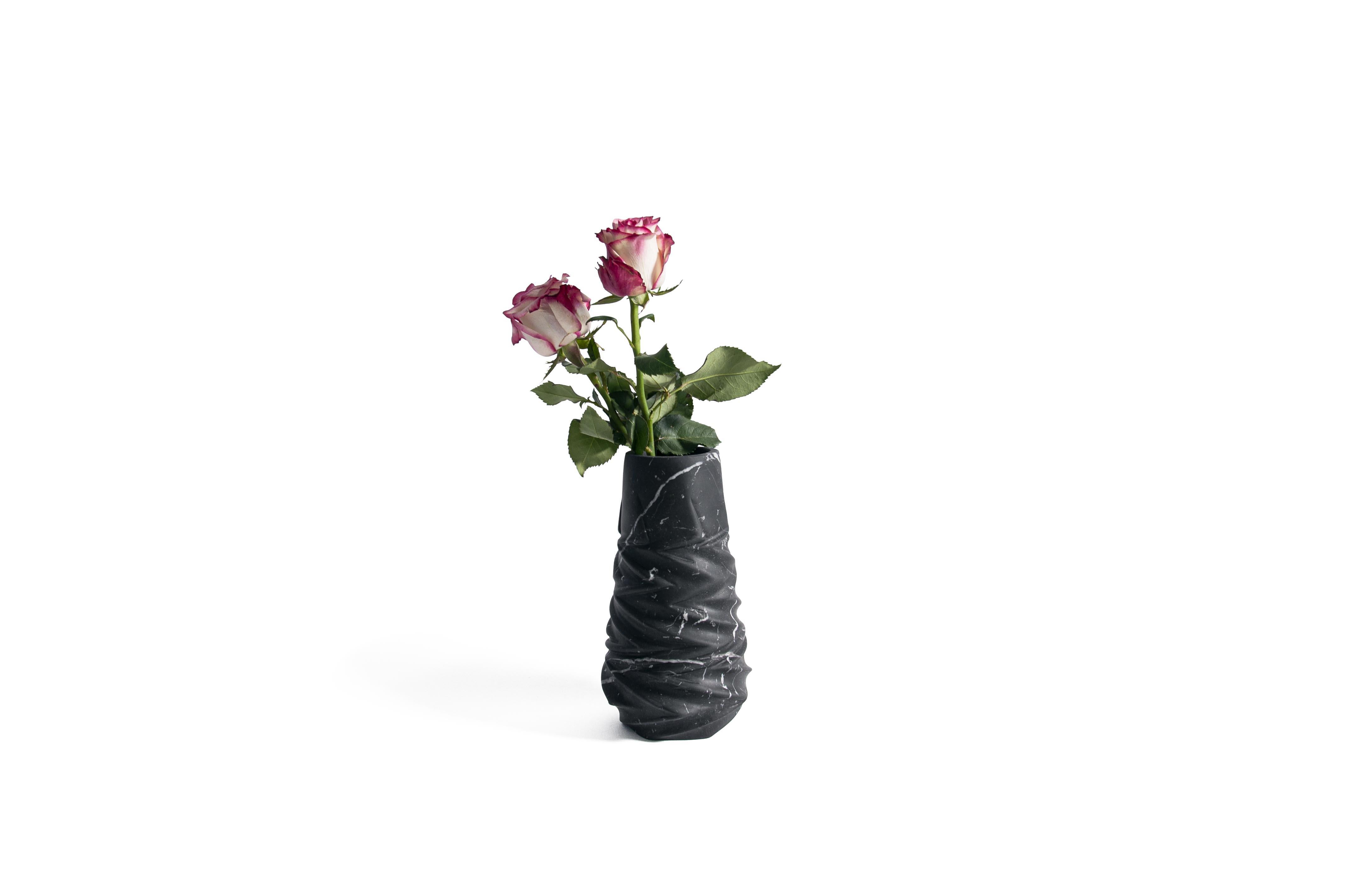Hand-Crafted Handmade Rock Vase in Black Marquina Marble For Sale