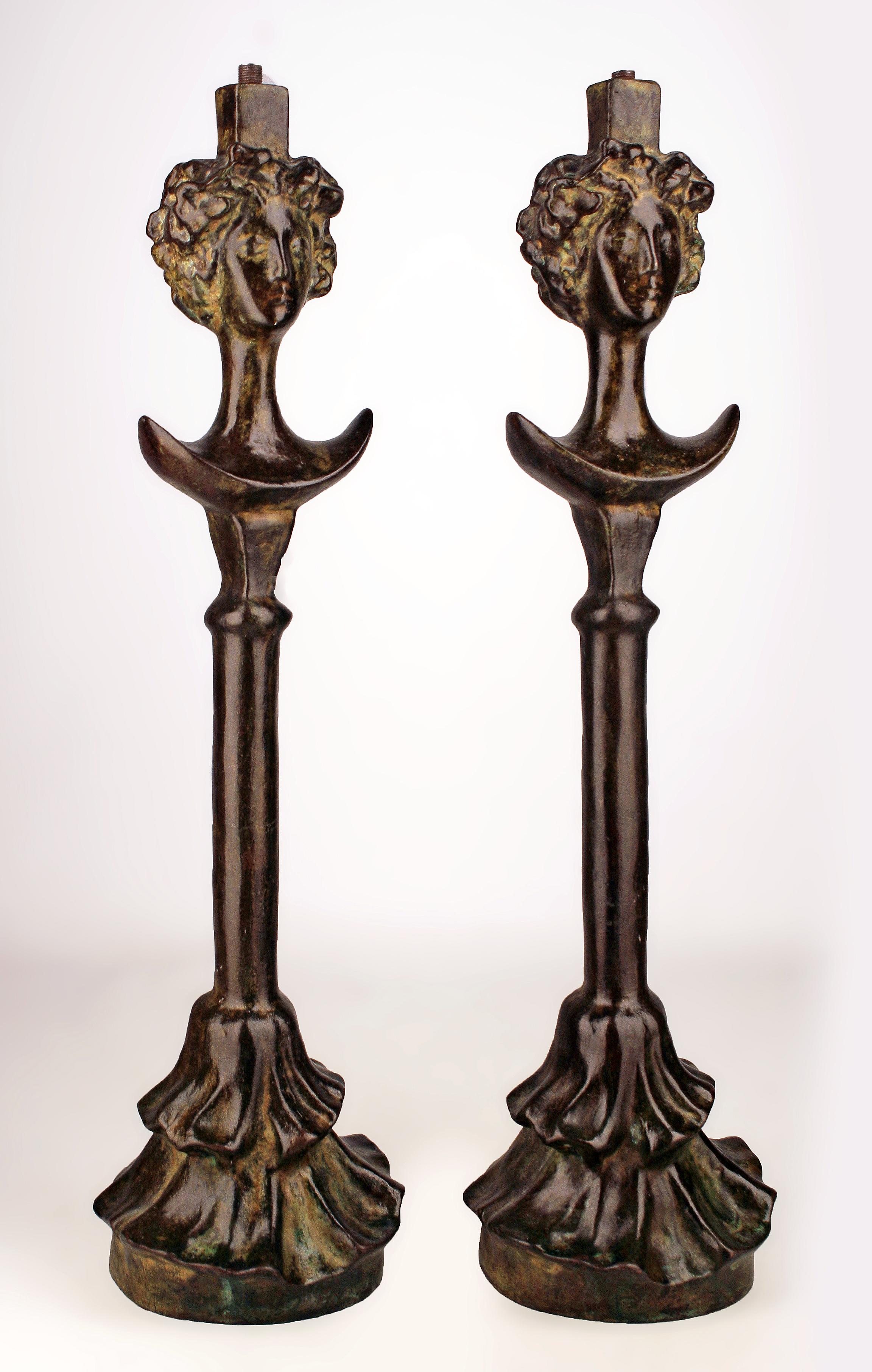 Zwei expressionistische Tischlampen aus patinierter Bronze nach Giacomettis 