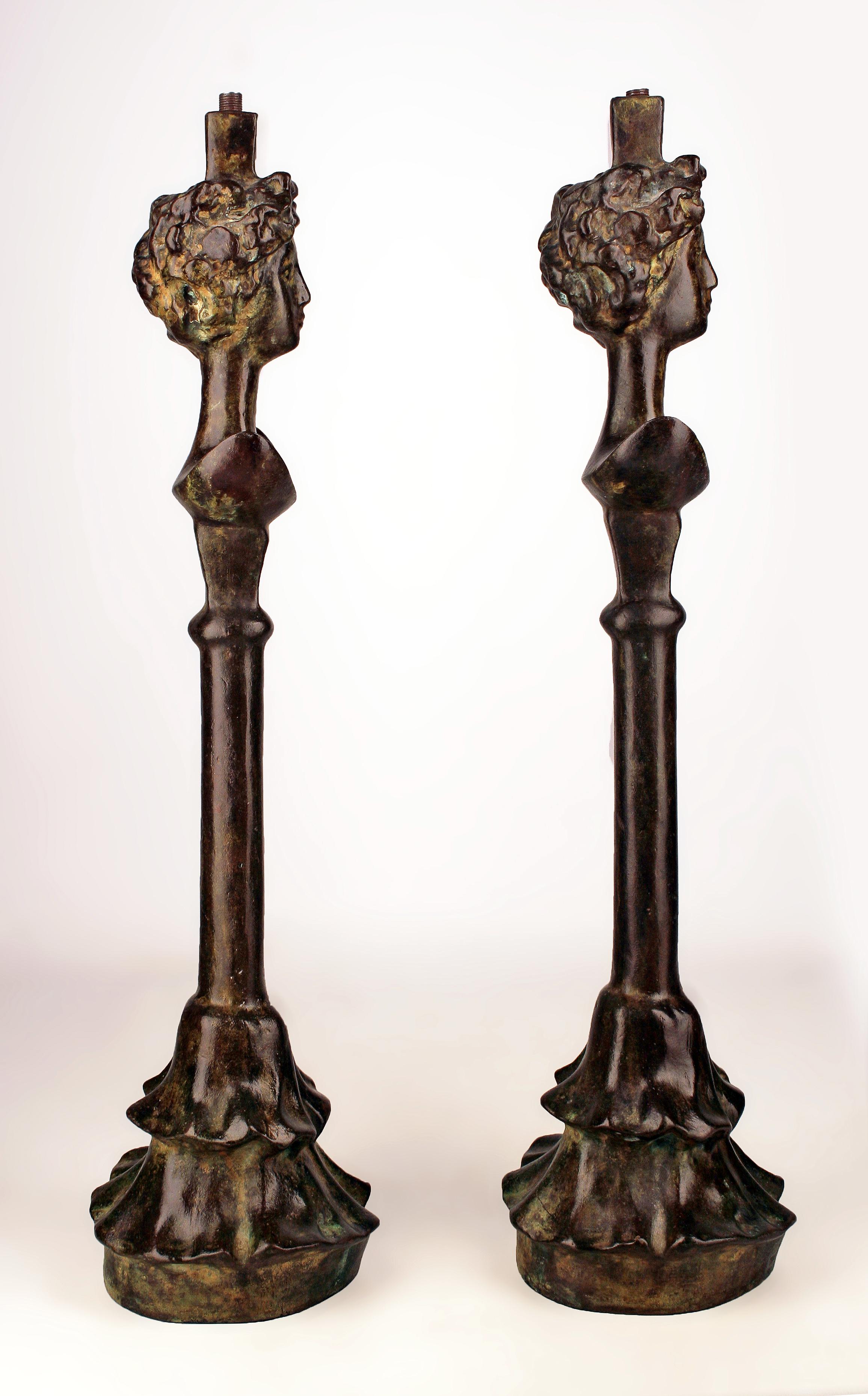 American Rockefeller Collection's Bronze Lamps Set Based on Giacometti's 'Tête de Femme' For Sale