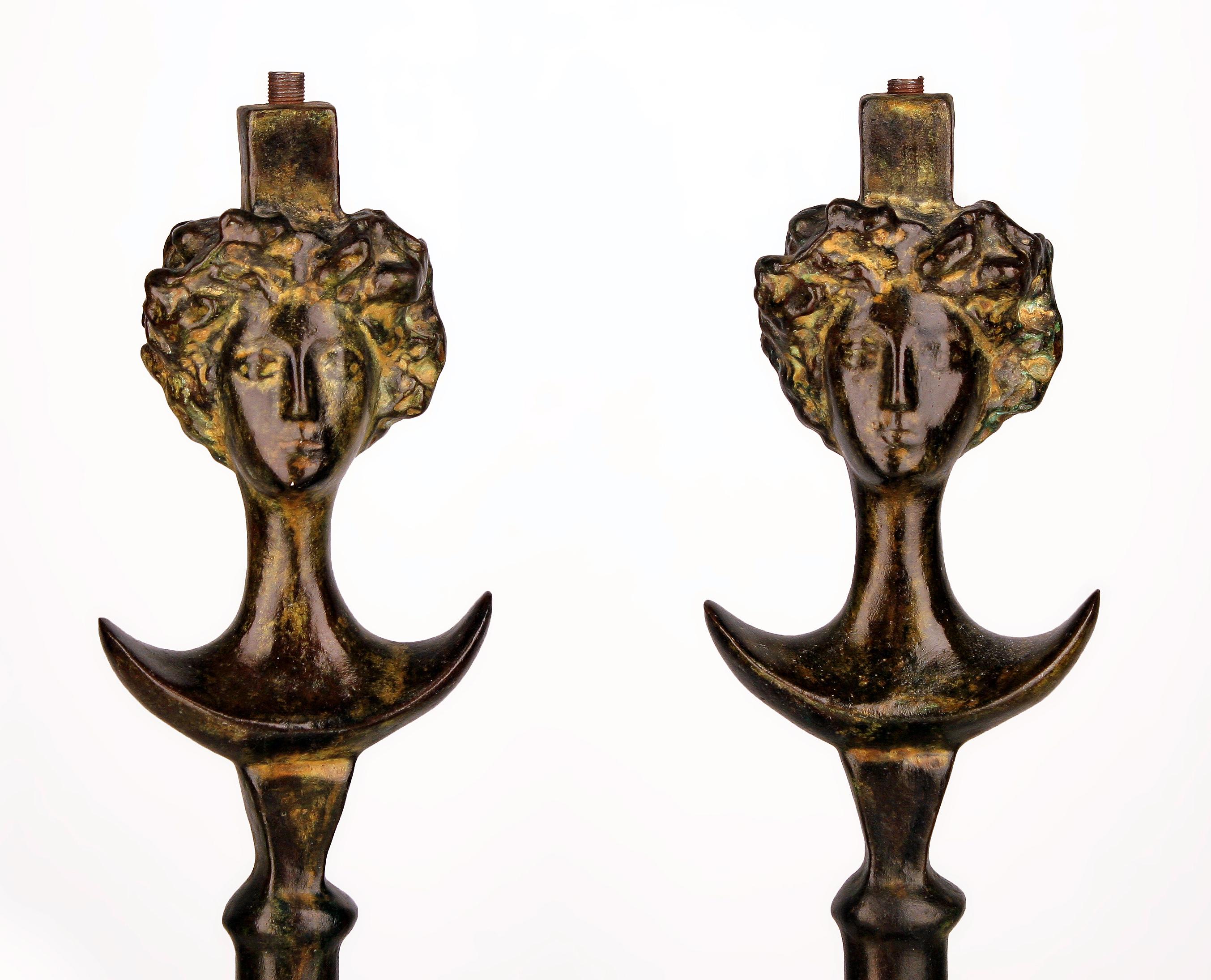 Rockefeller Collection's Bronze Lamps Set Based on Giacometti's 'Tête de Femme' In Fair Condition For Sale In North Miami, FL