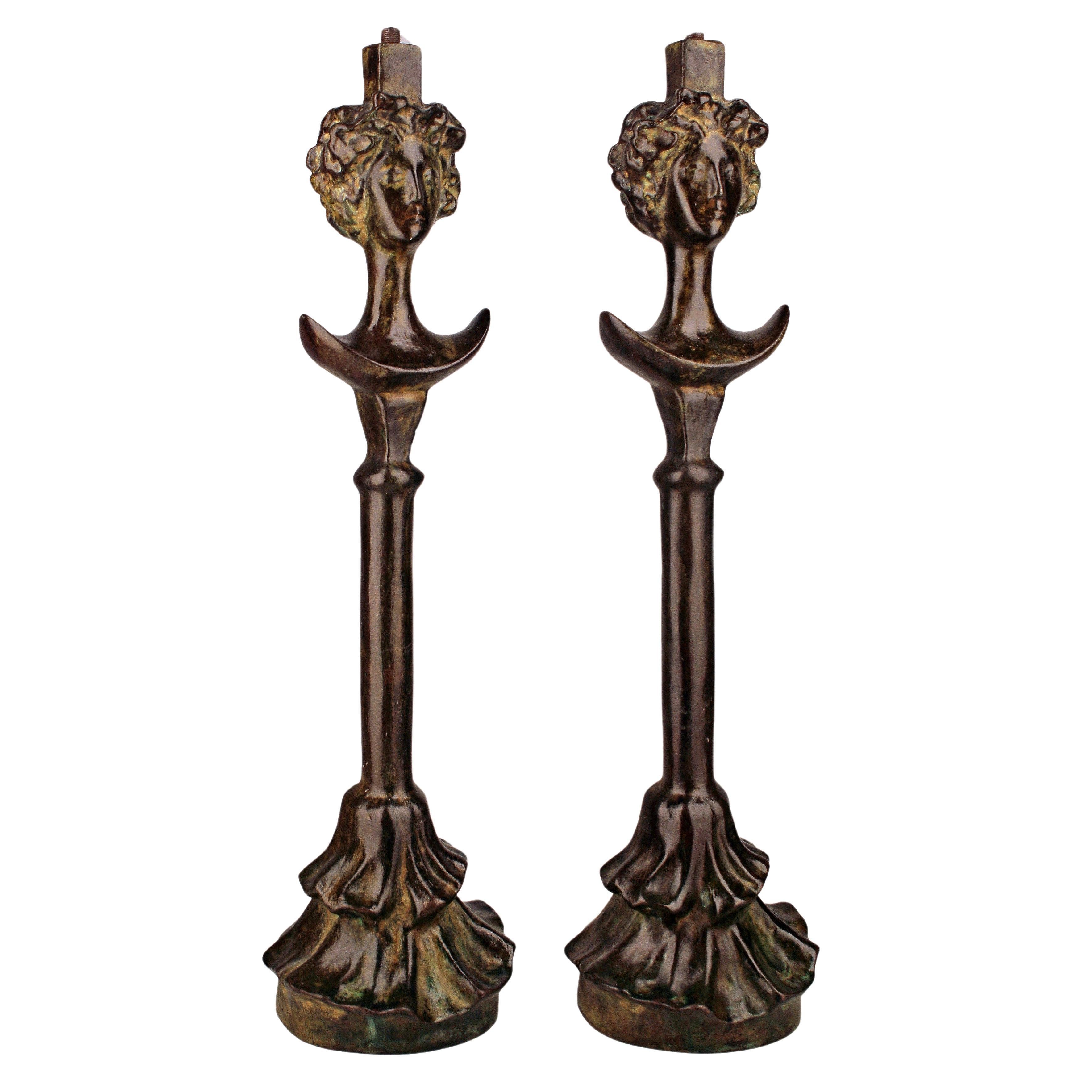 Rockefeller Collection's Bronze Lamps Set Based on Giacometti's 'Tête de Femme' For Sale