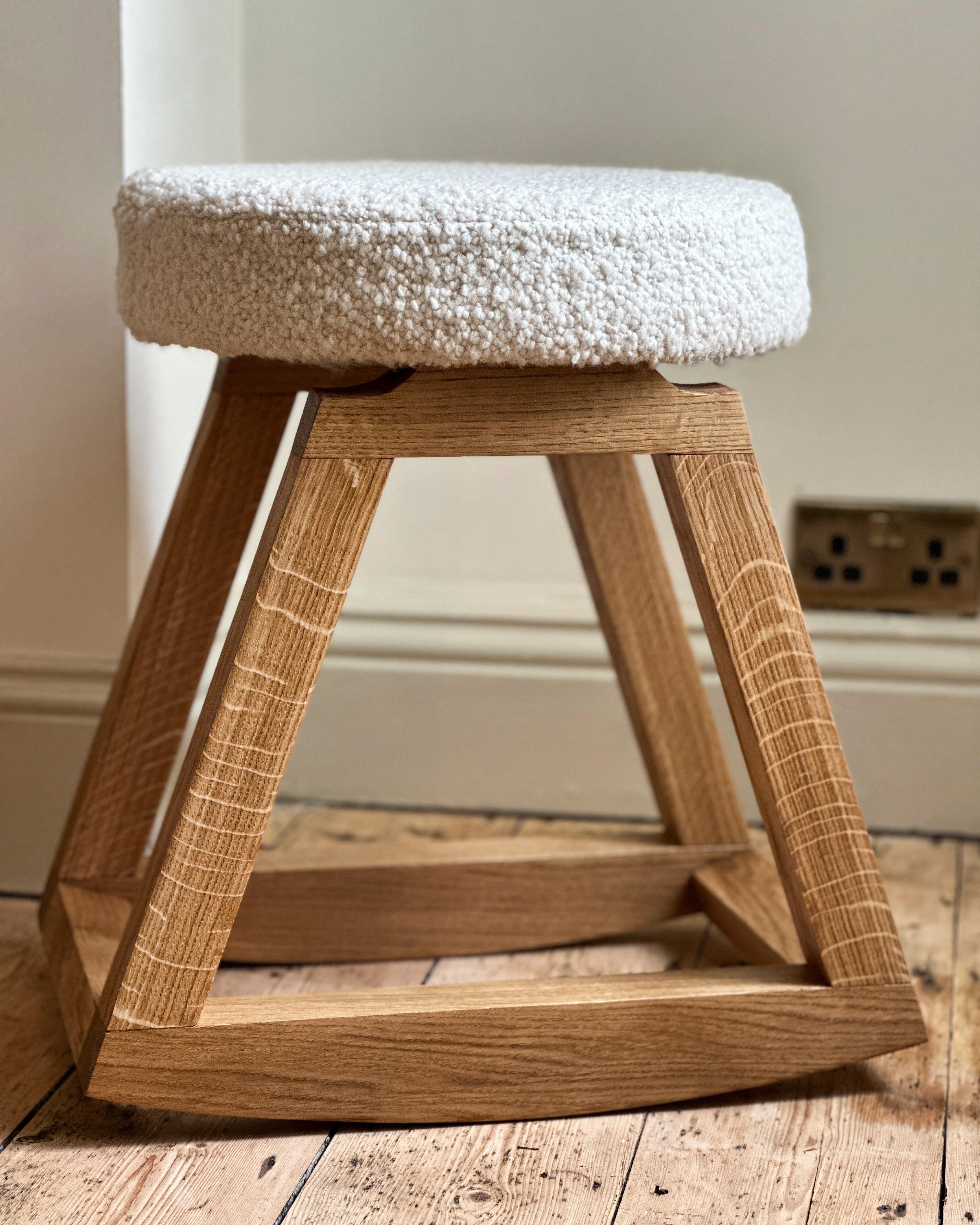 A collection piece exclusive to Alexander & Ellis, and designed by Founder Oliver A-J, the Rocker Stool was designed and handcrafted in house with the finest Oak and Bouclé upholstery. 
Available in other wood species’ and fabrics, the Rocker Stool