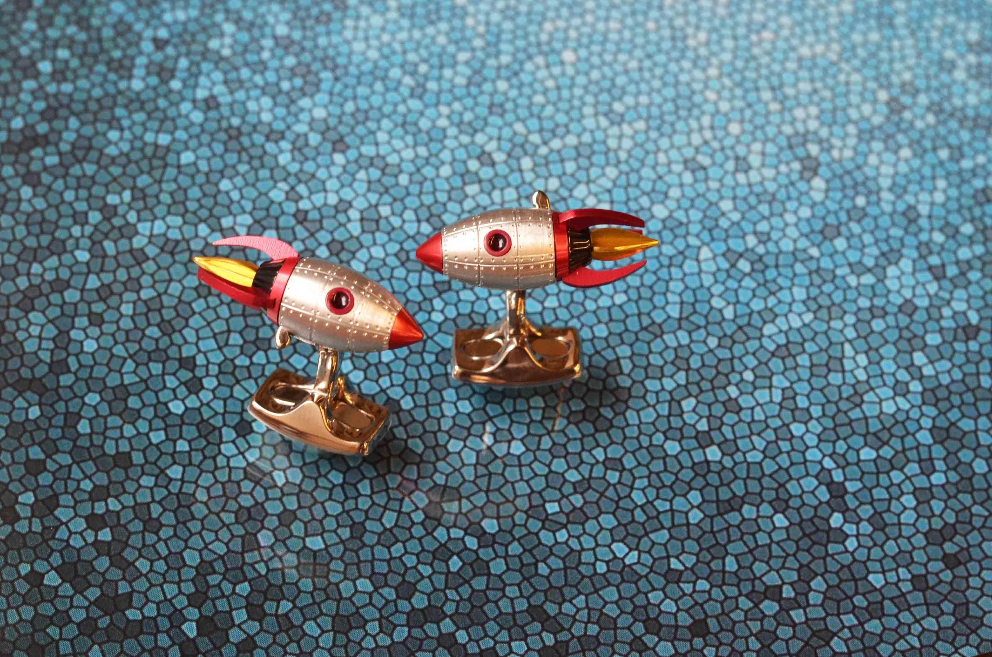 Deakin and Francis Red and Yellow Enamel Rocket Cufflinks For Sale 