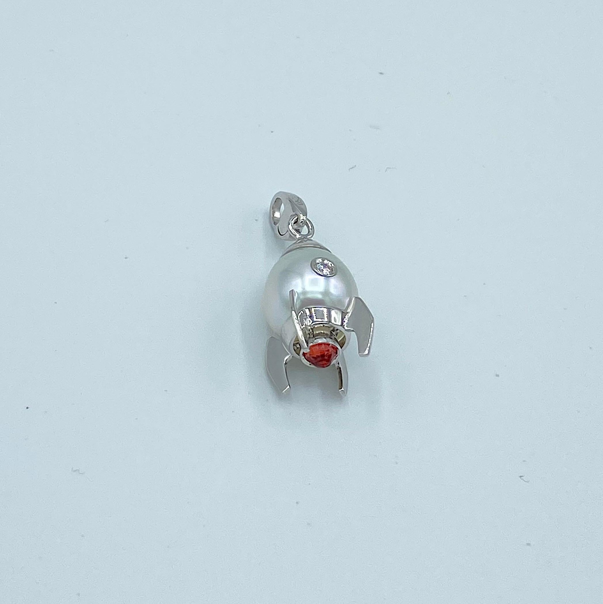 Contemporary Rocket Diamond Sapphire 18 Karat Gold Australian Pearl Charm or Pendant/Necklace