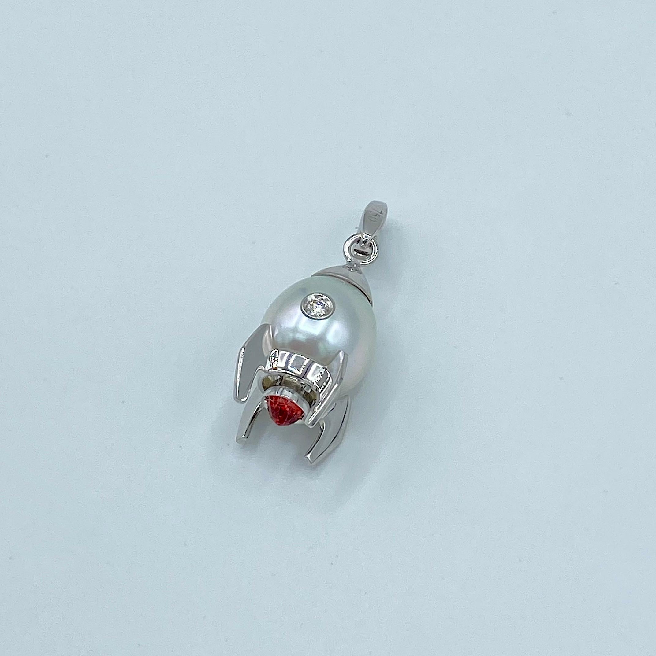 Round Cut Rocket Diamond Sapphire 18 Karat Gold Australian Pearl Charm or Pendant/Necklace