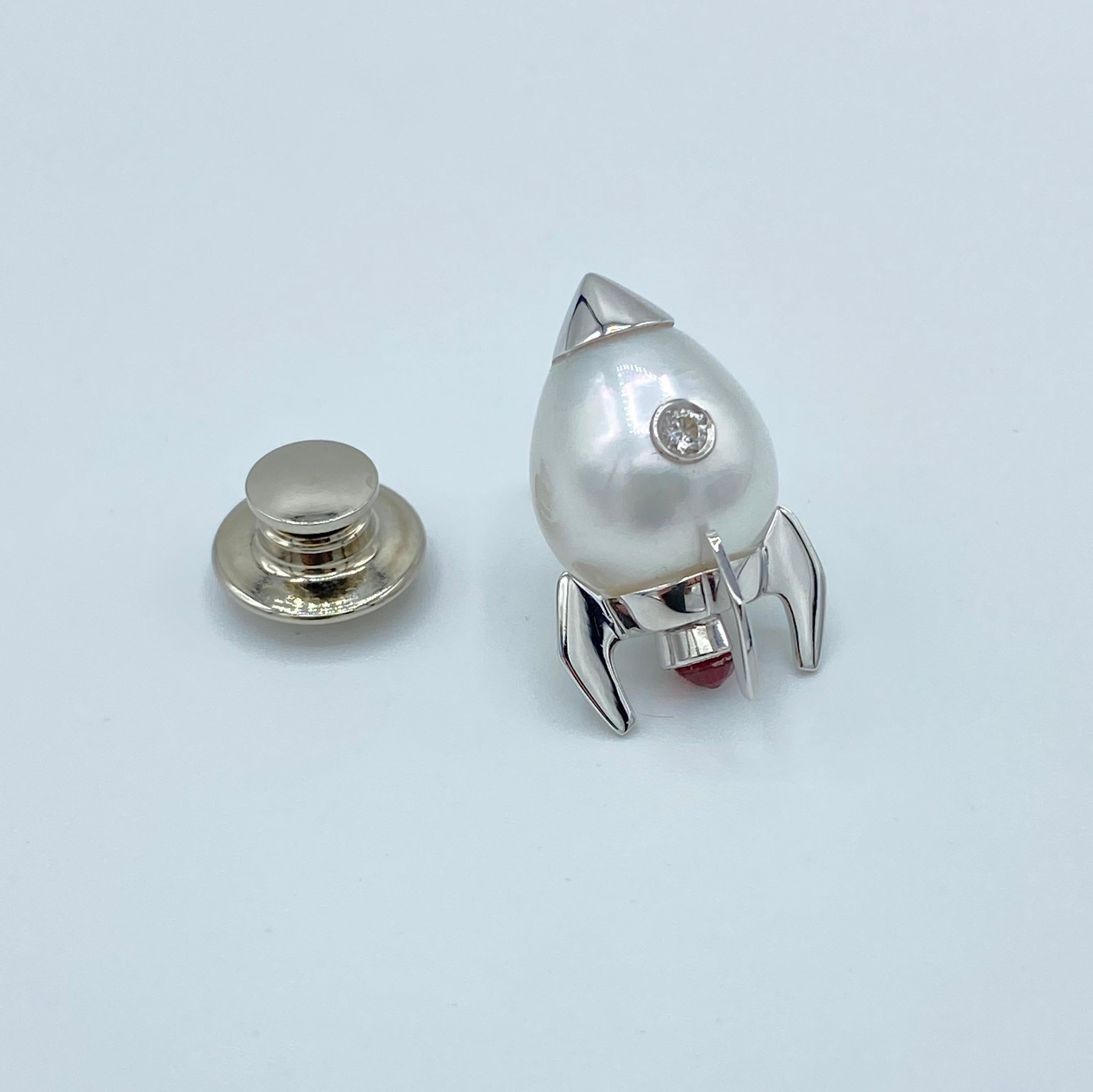 Rocket Diamond Sapphire 18kt Gold Australian Pearl Pin Brooch Handmade in Italy 4