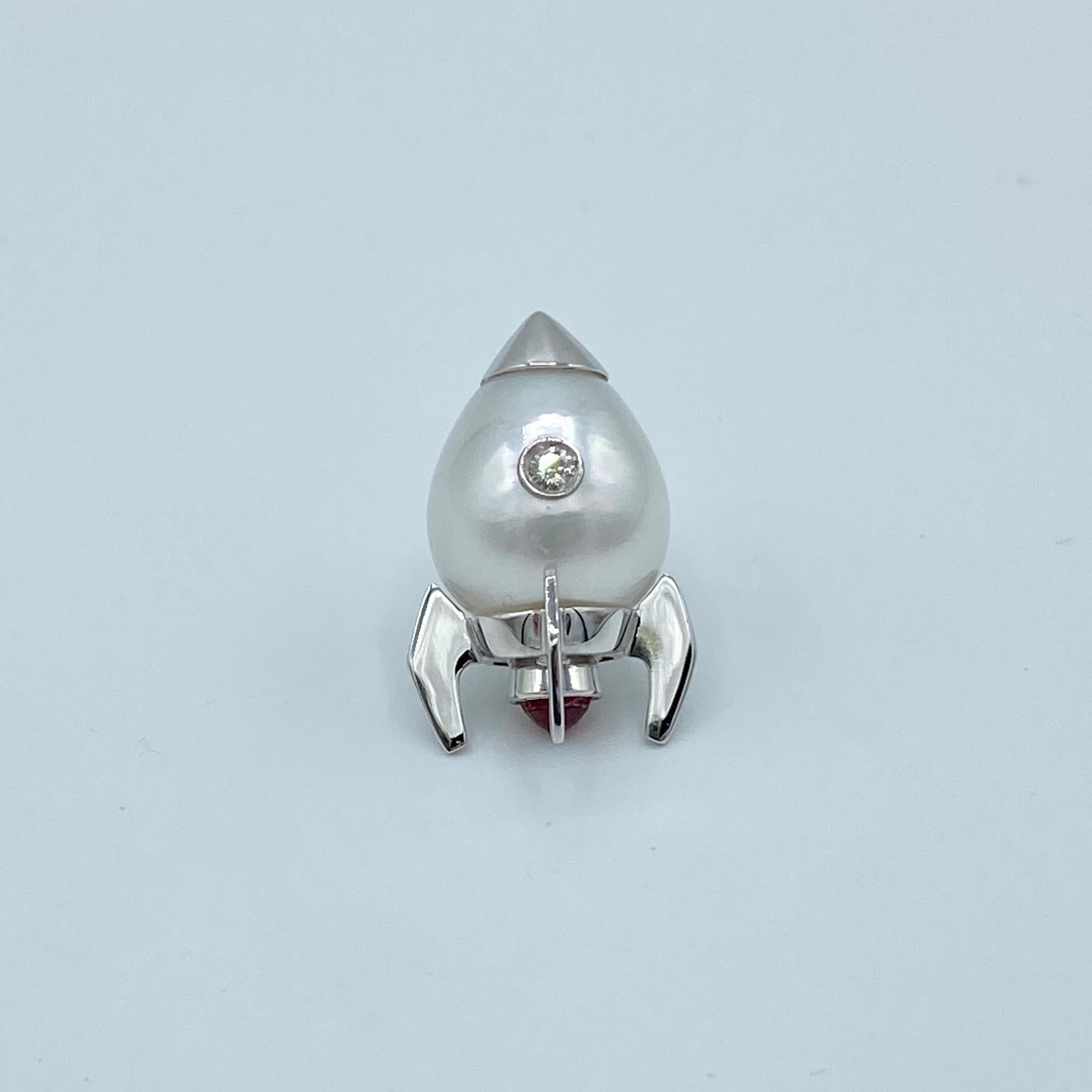 Contemporary Rocket Diamond Sapphire 18kt Gold Australian Pearl Pin Brooch Handmade in Italy