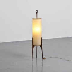 "Rocket" floor lamp in wood, brass and woven fibers, circa 1960