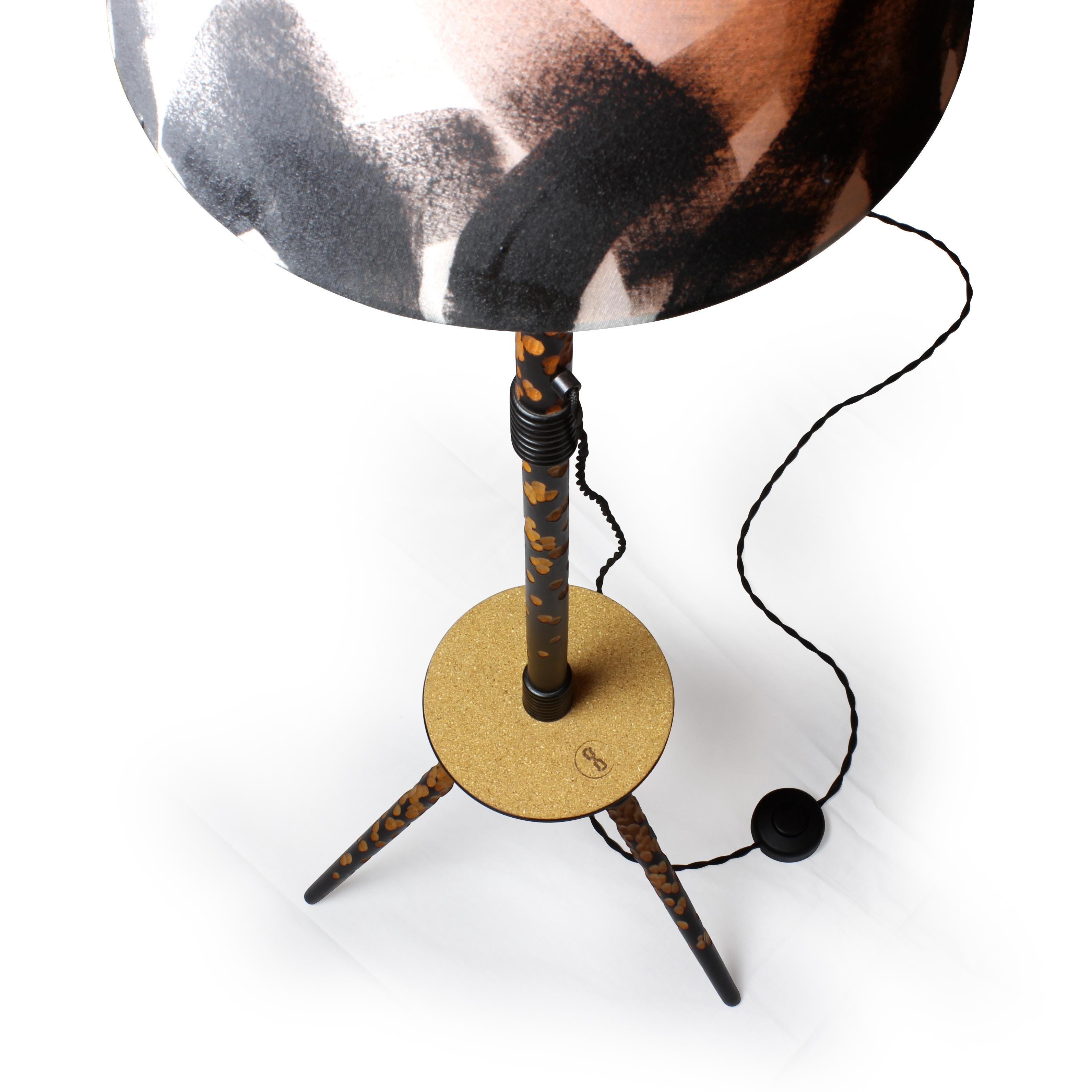 Collectible art sculpture mood lighting, one of a kind floor lamp, is made from salvaged wood furniture (mid-century style floor lamp). The wiring and hand painted lampshade are new. Creating new objects from these materials are the real challenge
