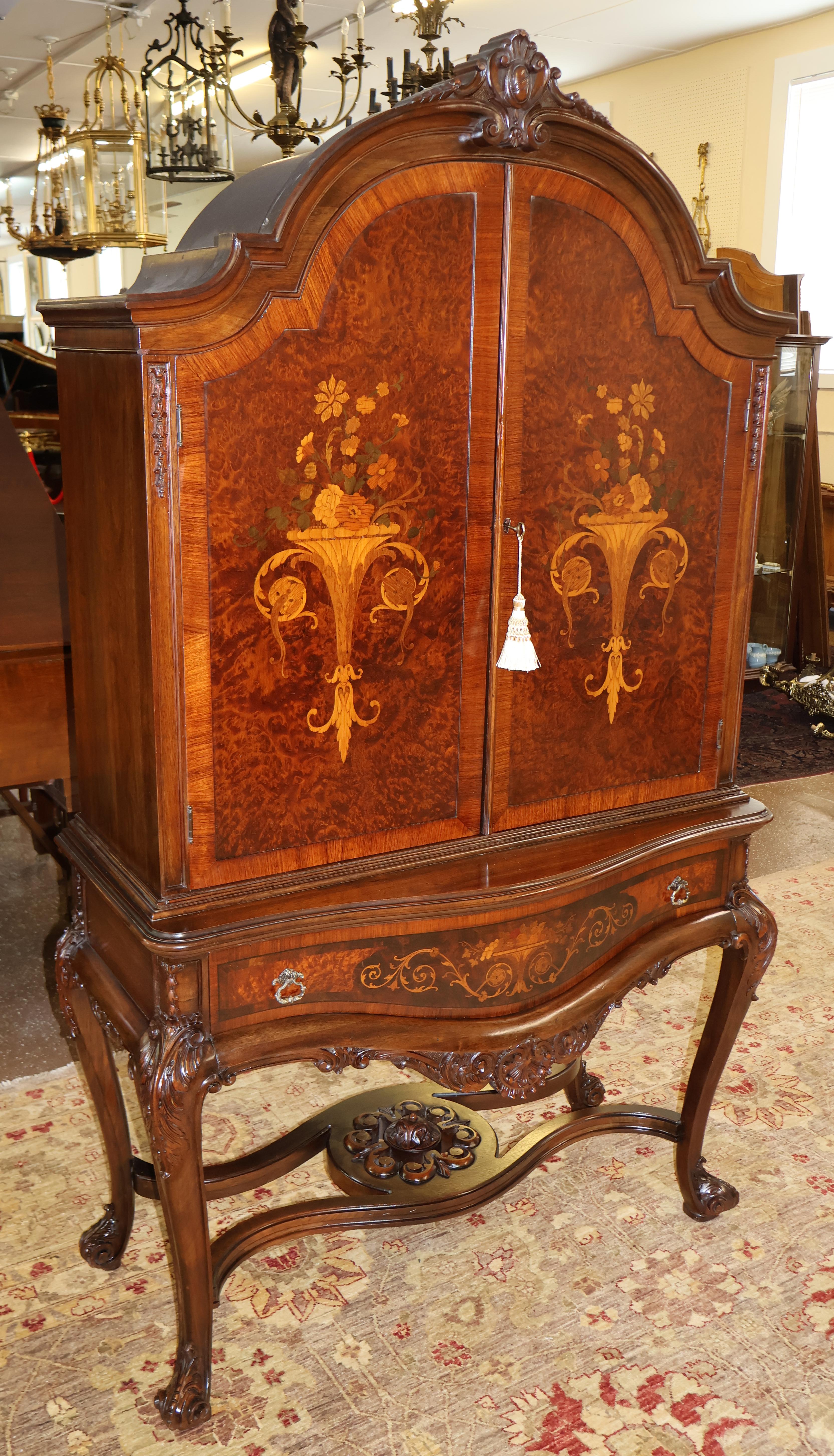 American Rockford Burled Walnut & Satinwood Inlaid Louis XV Style Liquor China Cabinet  For Sale