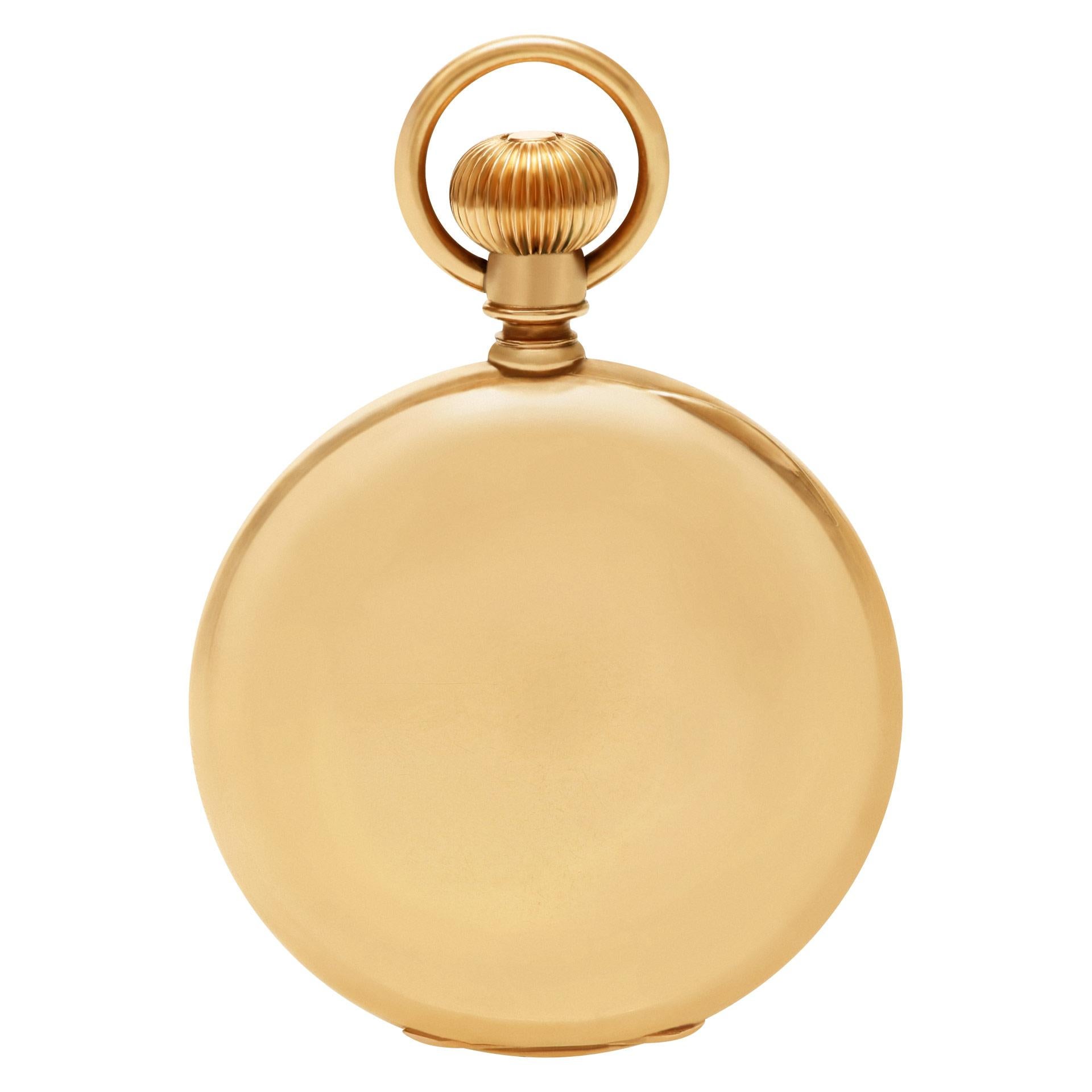 Rockford hunting case pocket watch with porcelain dial morning glory hands in 14k yellow gold. Manual 15 jeweled movement with sub-seconds. 38mm. Circa 1910s. Fine Pre-owned Rockford Watch.

Certified preowned Vintage Rockford pocket watch watch is