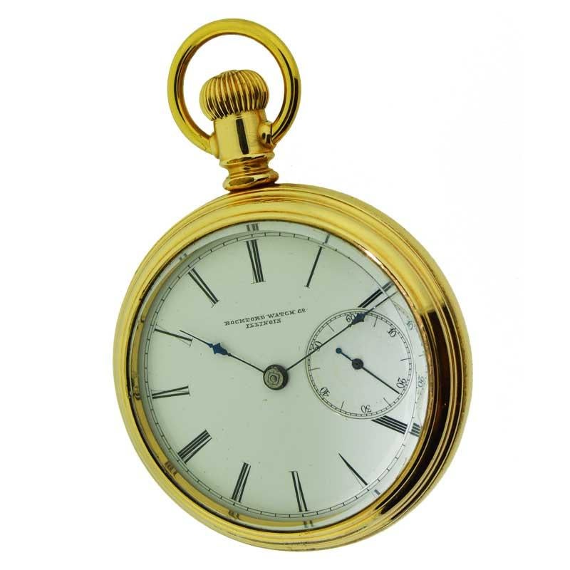 FACTORY / HOUSE: Rockford Watch Company
STYLE / REFERENCE: 18 Size Full Plate 
METAL / MATERIAL: Yellow Gold Filled
CIRCA: 1870
DIMENSIONS: Diameter 54mm 
MOVEMENT / CALIBER: Early Manual Winding / 15 Jewels 
DIAL / HANDS: Kiln fired Enamel with