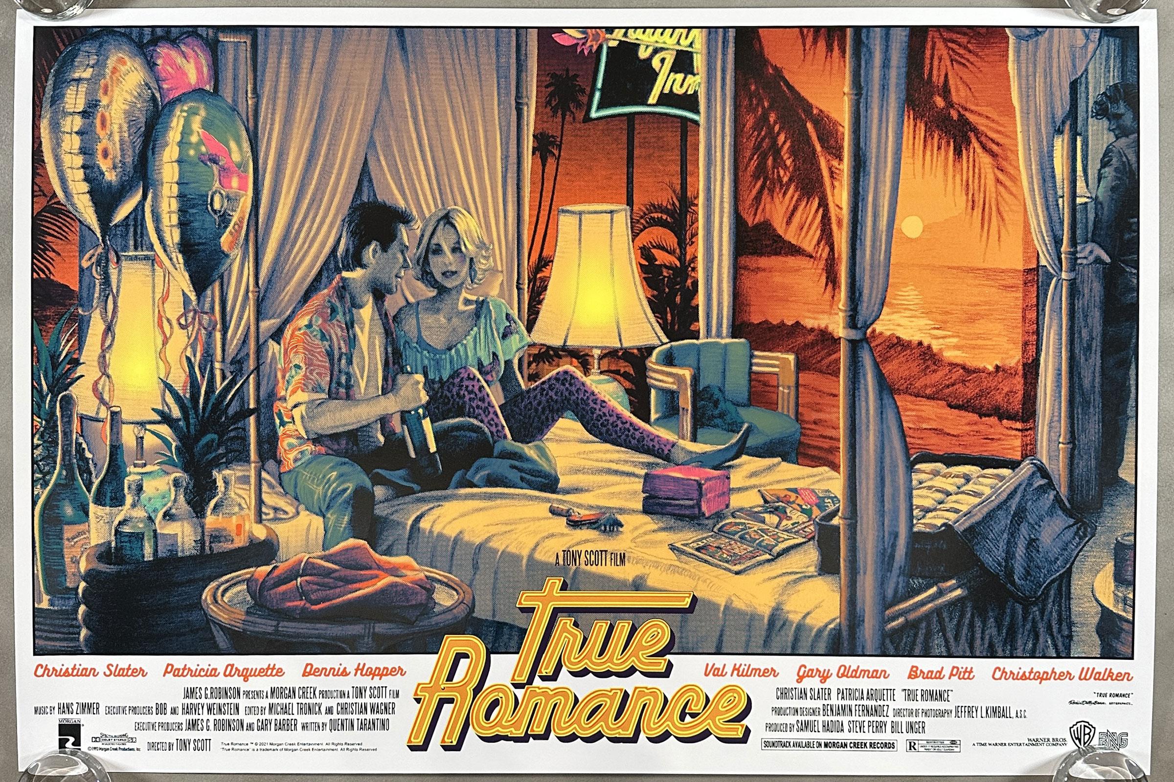 Dive into the seductive world of Rockin’ Jelly Bean's "True Romance – Variant," a captivating homage to the cult classic film that has captured hearts around the globe. This stunning print, released in 2021, pays tribute to the timeless allure of