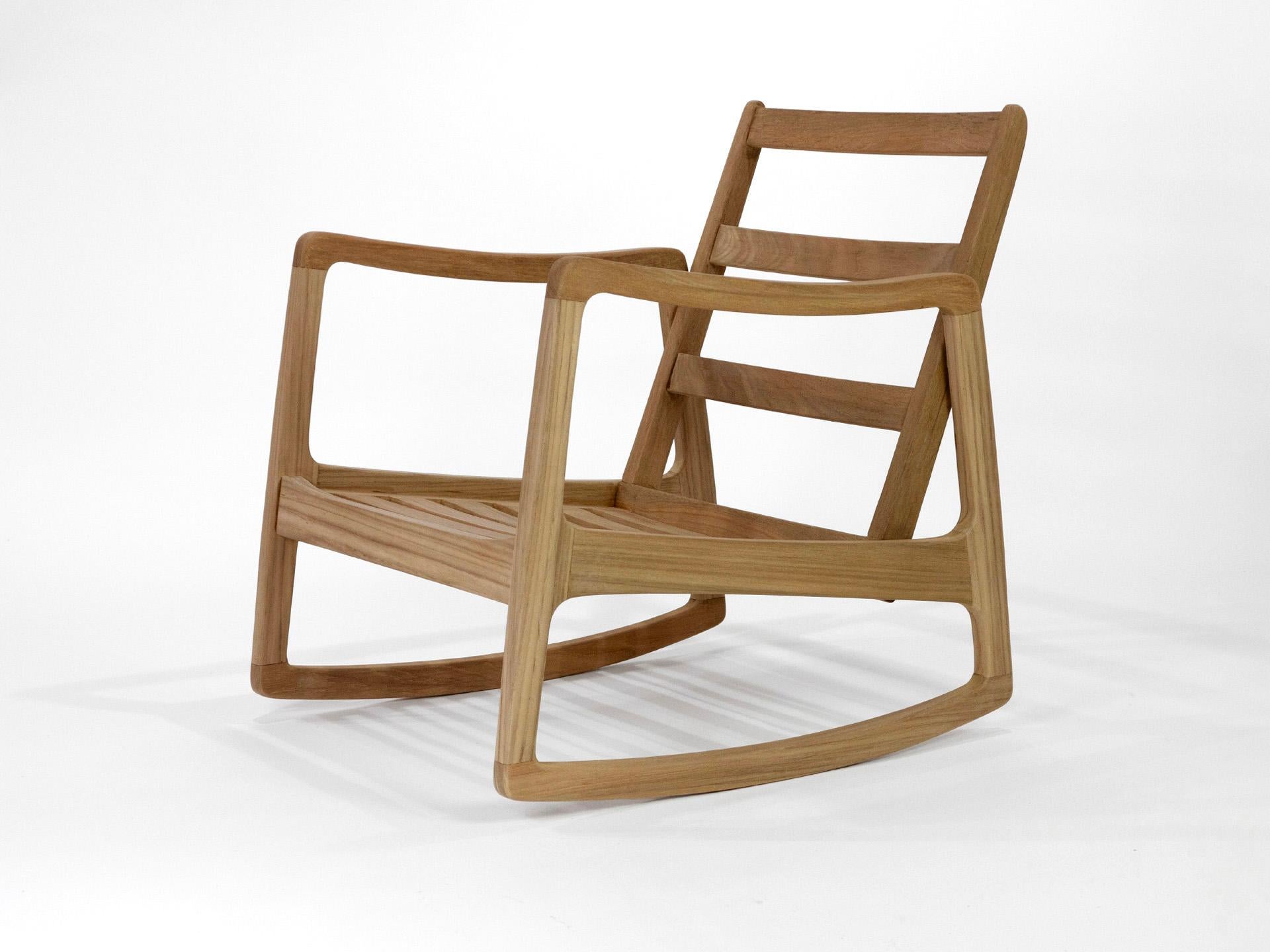 The Rocking chair is based on a Mid-20th century design by John Stuart for Widdocomb as a replacement for those purchased by the customer’s grandparents in the 1950s. It is designed to work as an outdoor, or indoor chair, so the joinery and