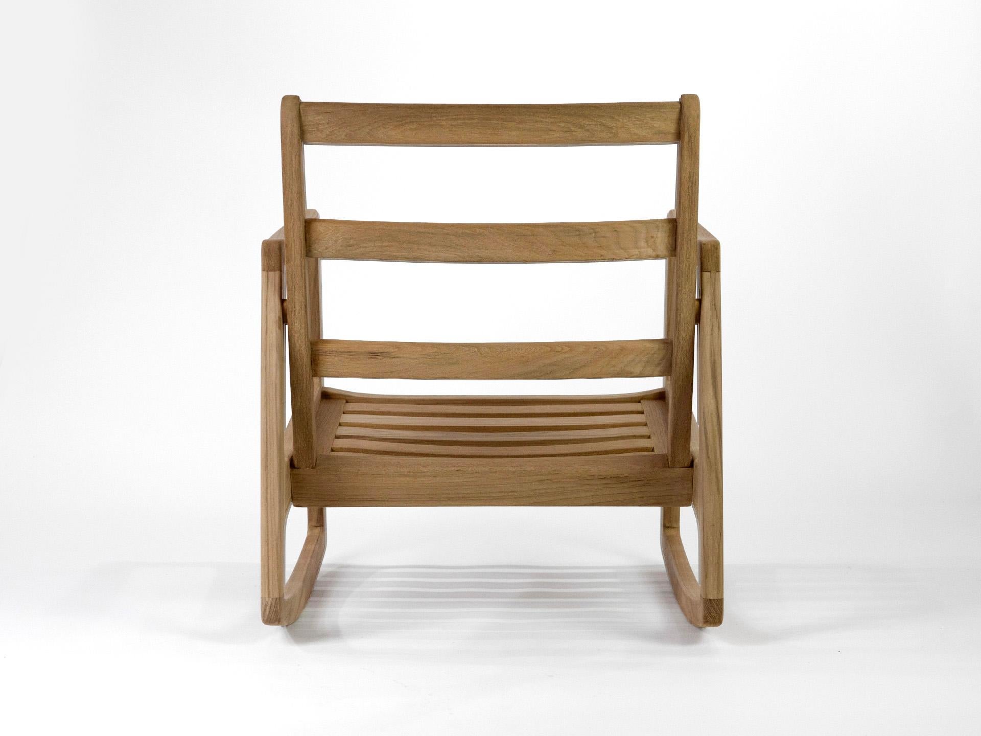 Hand-Crafted ROCKING ARMCHAIR in solid teak for indoor-outdoor Mid-20th Century For Sale