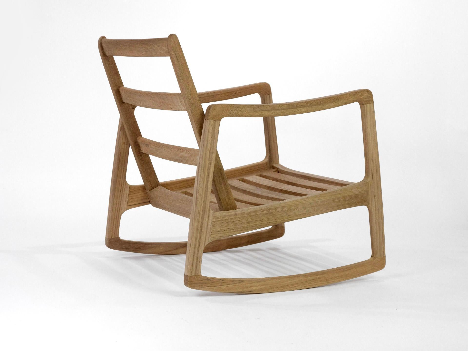 Contemporary ROCKING ARMCHAIR in solid teak for indoor-outdoor Mid-20th Century For Sale