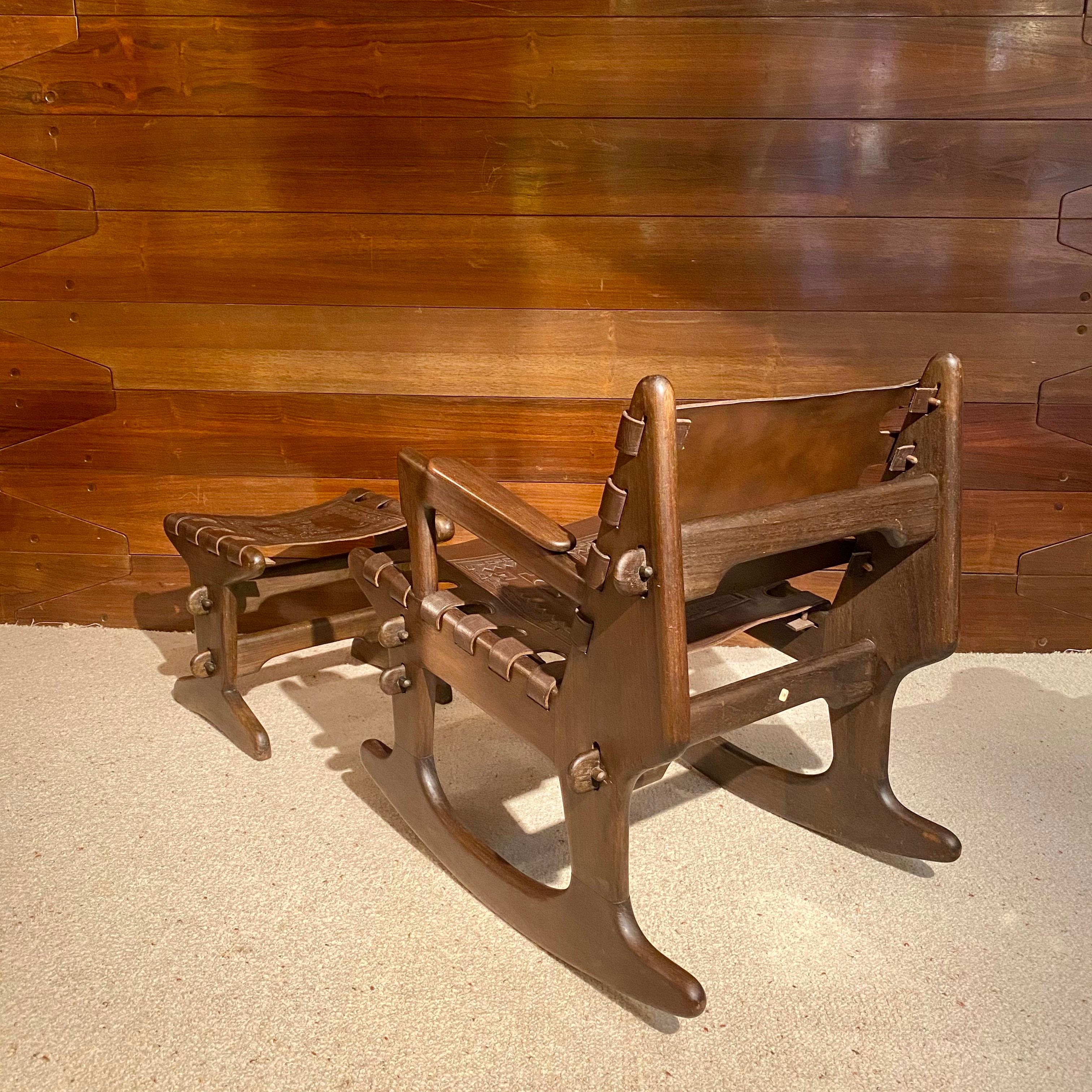 Mid-Century Modern Rocking Chair and Footrest by Angel Pazmino, Ecuador, 1970's For Sale