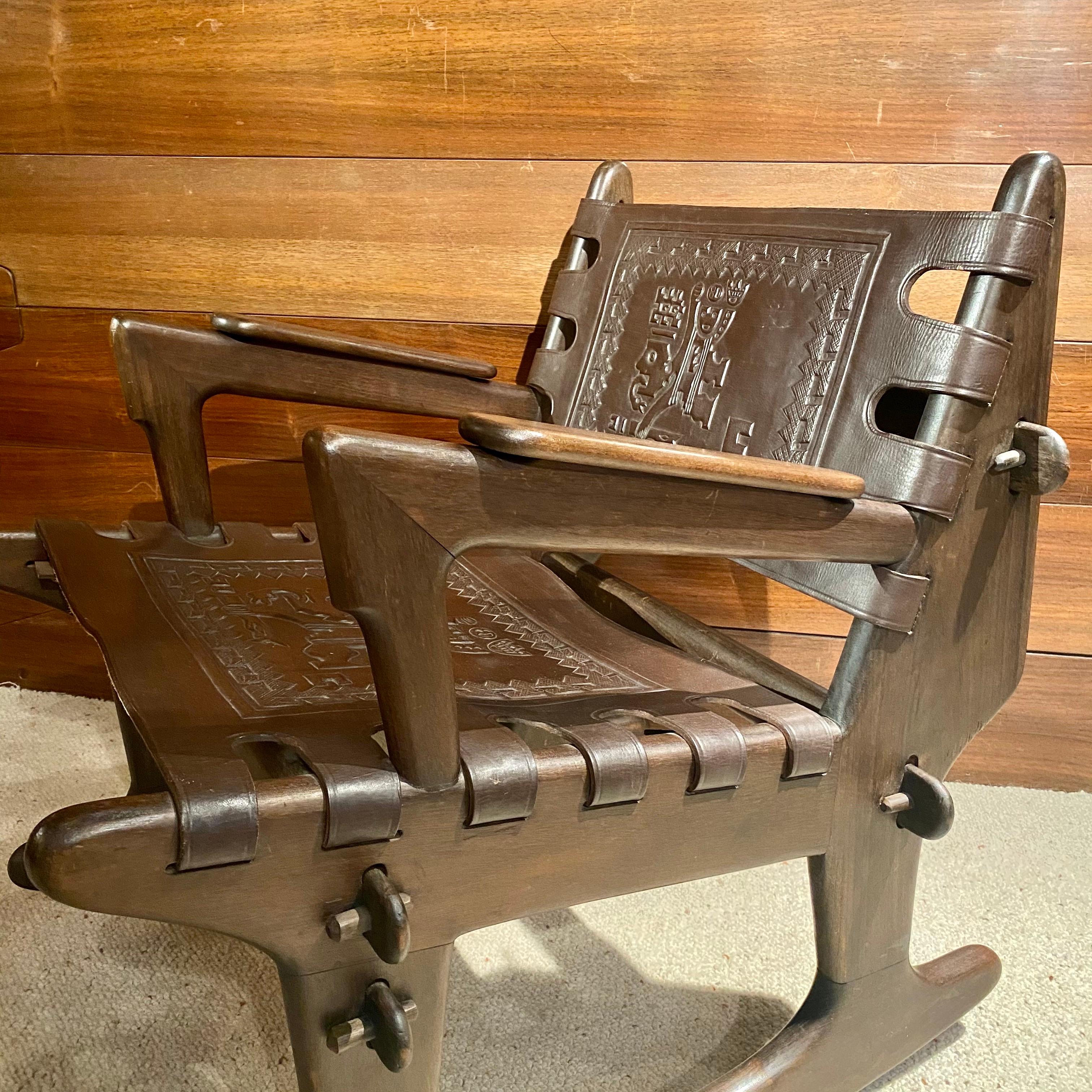Leather Rocking Chair and Footrest by Angel Pazmino, Ecuador, 1970's For Sale