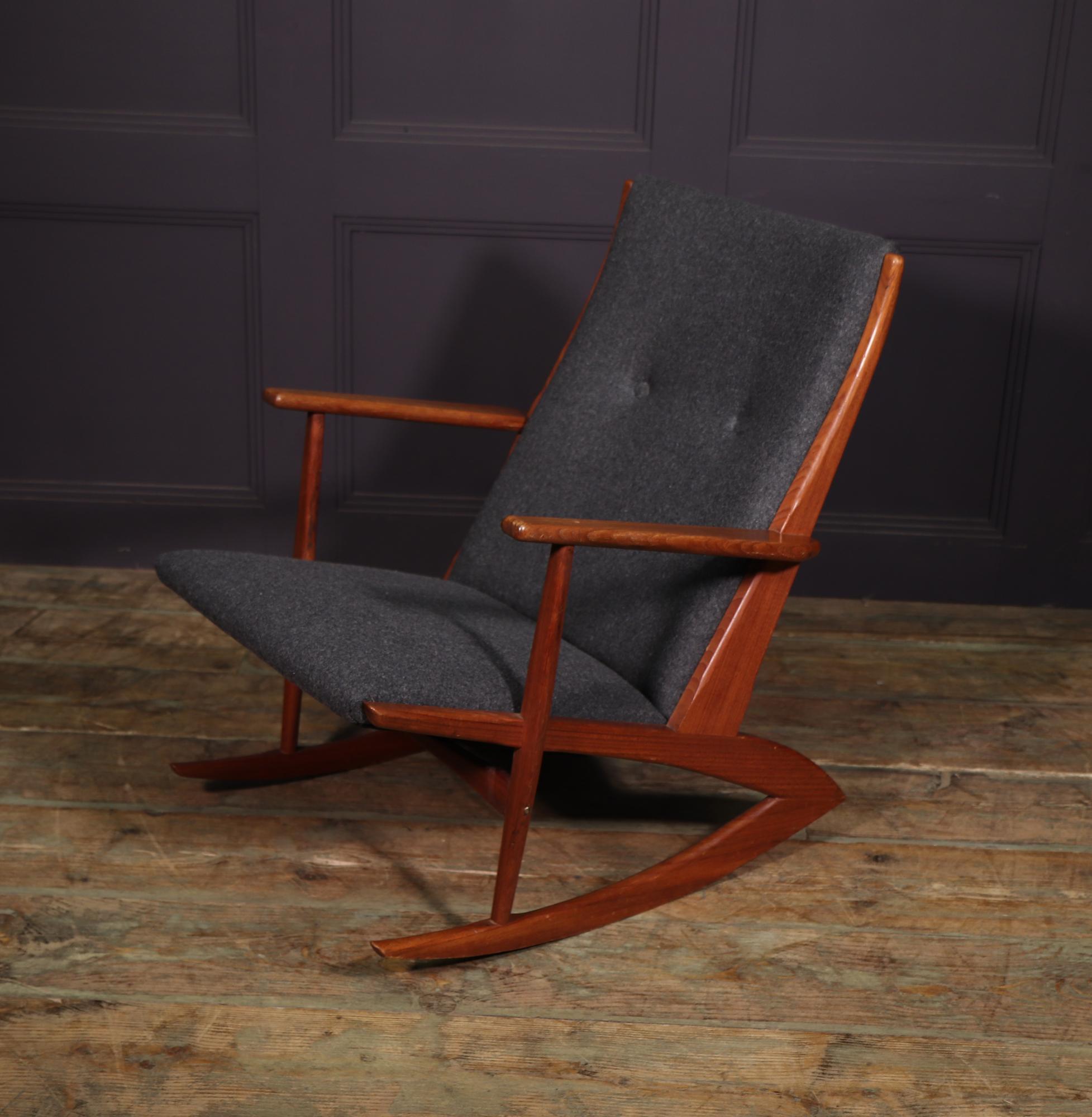 A model97 rocking chair designed by Georg Jensen and produced by kubus in Denmark in the mid 1950’s, the frame is solid teak with good colour and is great condition, the upholstery has been fully replaced and re covered in charcoal colour wool felt