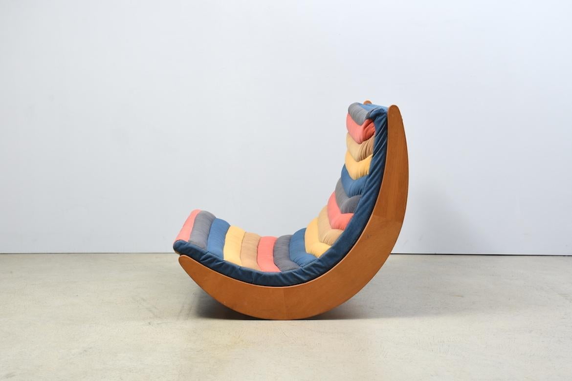 Rocking chair by Verner Panton for Rosenthal. Germany 1970s, Beech wood with striped, removable cotton fabric cover. 