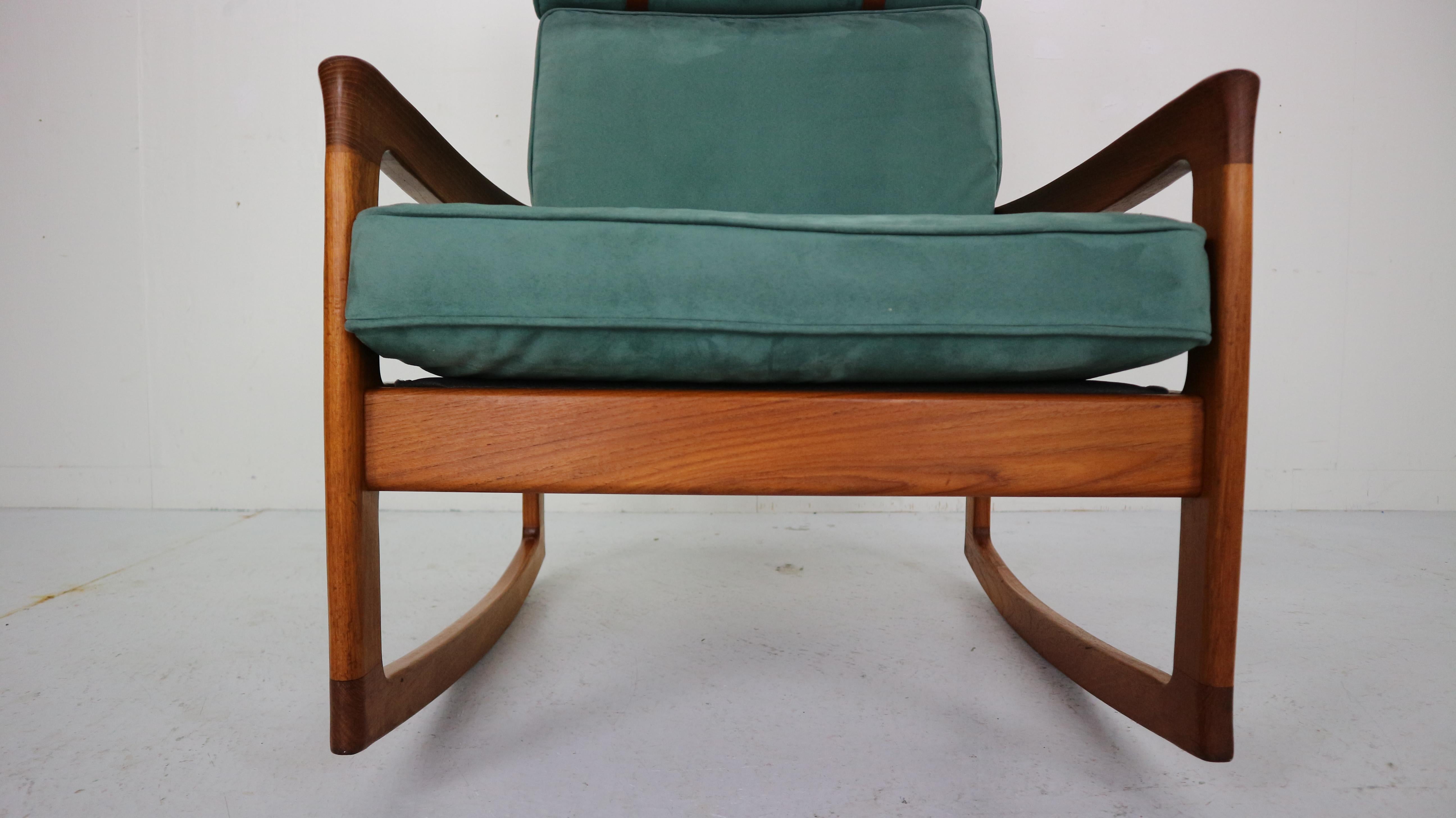 Rocking Chair & Footstool in Blue Velvet by Ole Wanscher and Komfort, 1960s 6