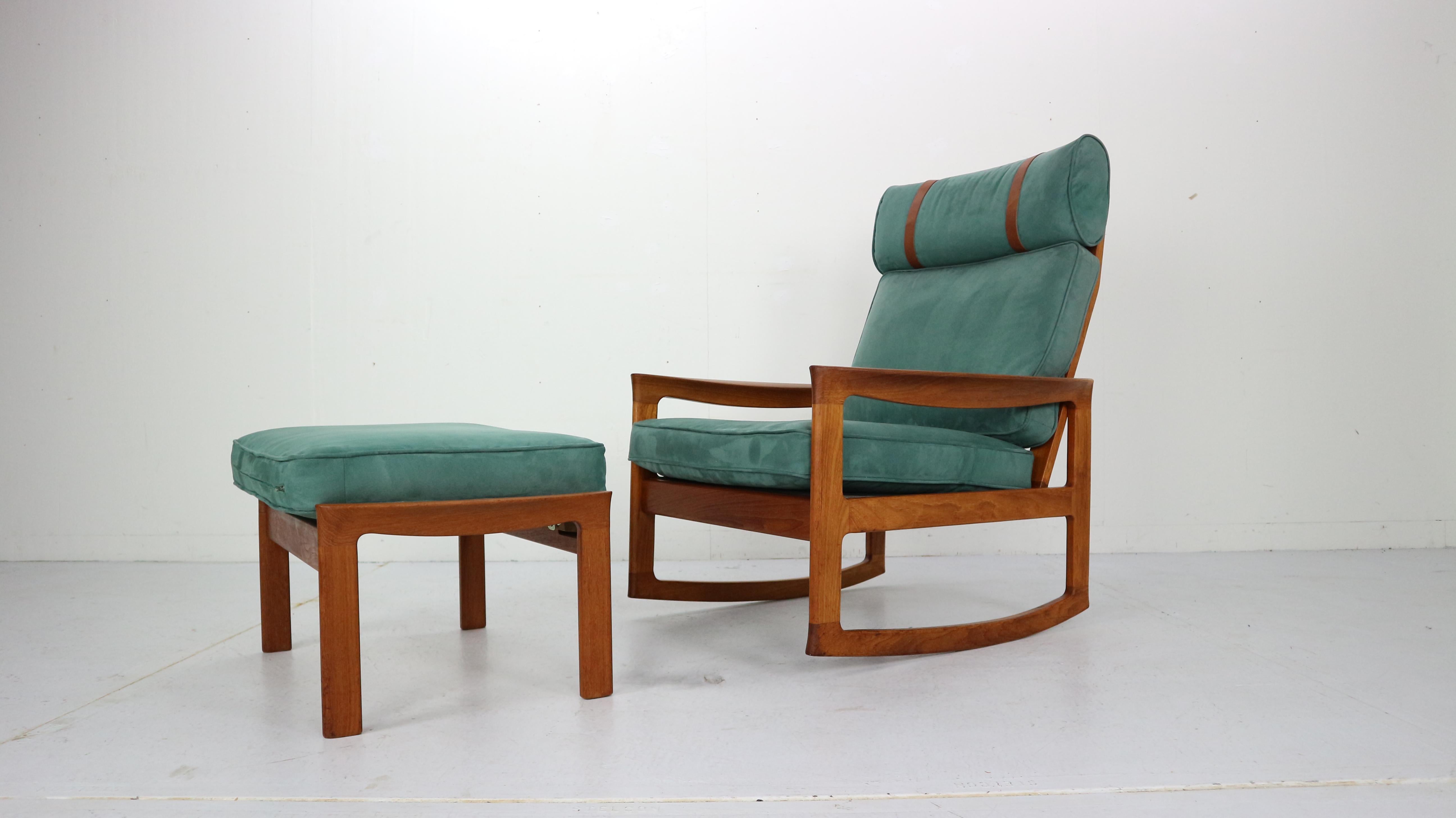 Cozy set of Rocking chair and footstool, designed by Ole Wanscher and manufactured at Komfort furniture factory in the 1960s, Denmark.

Set consists the teak frame and blue velvet fabric. 
Measurements of the footstool: H (SH) x 41cm L x 72cm D x