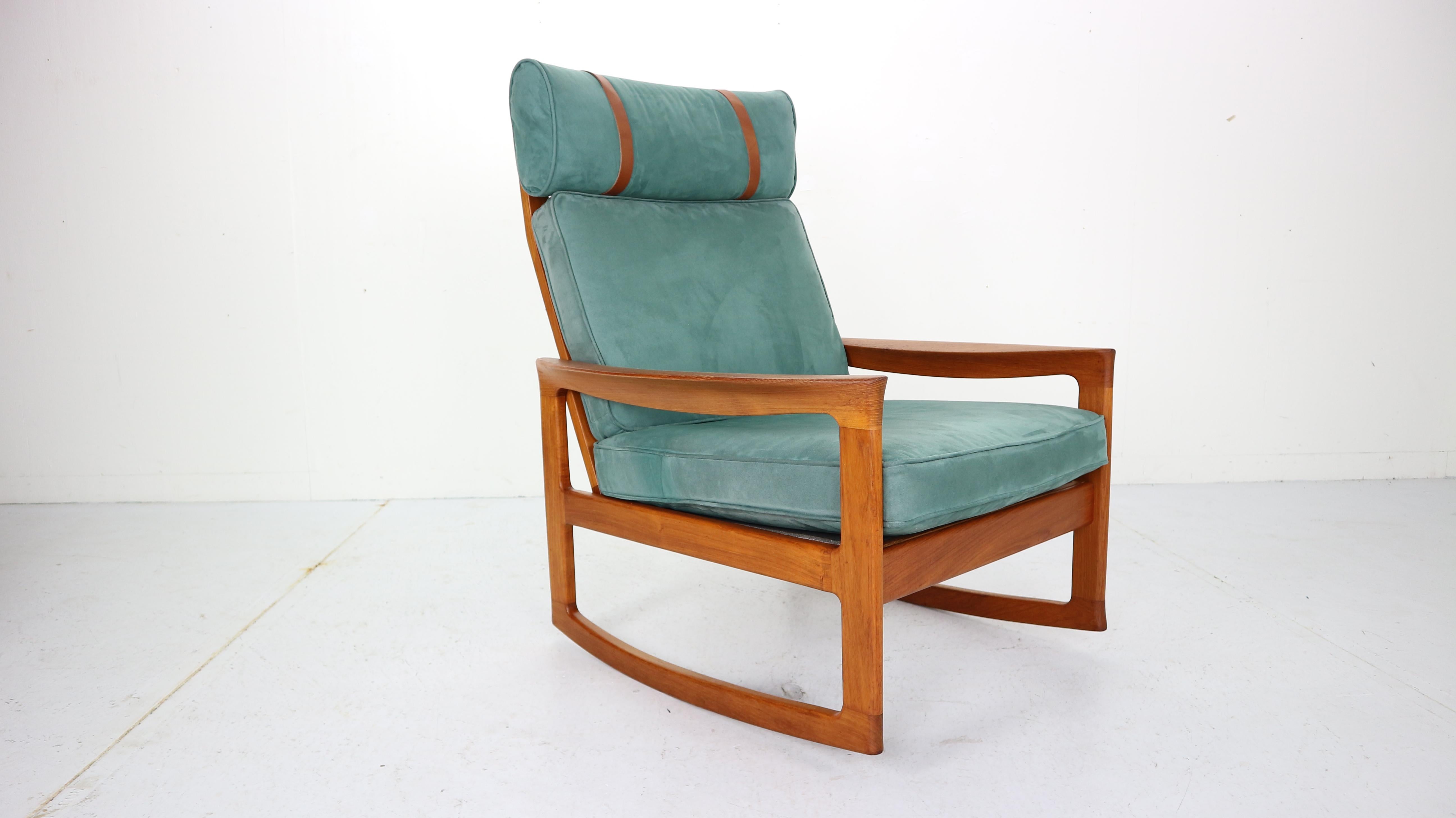 Danish Rocking Chair & Footstool in Blue Velvet by Ole Wanscher and Komfort, 1960s