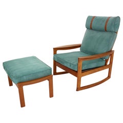 Vintage Rocking Chair & Footstool in Blue Velvet by Ole Wanscher and Komfort, 1960s