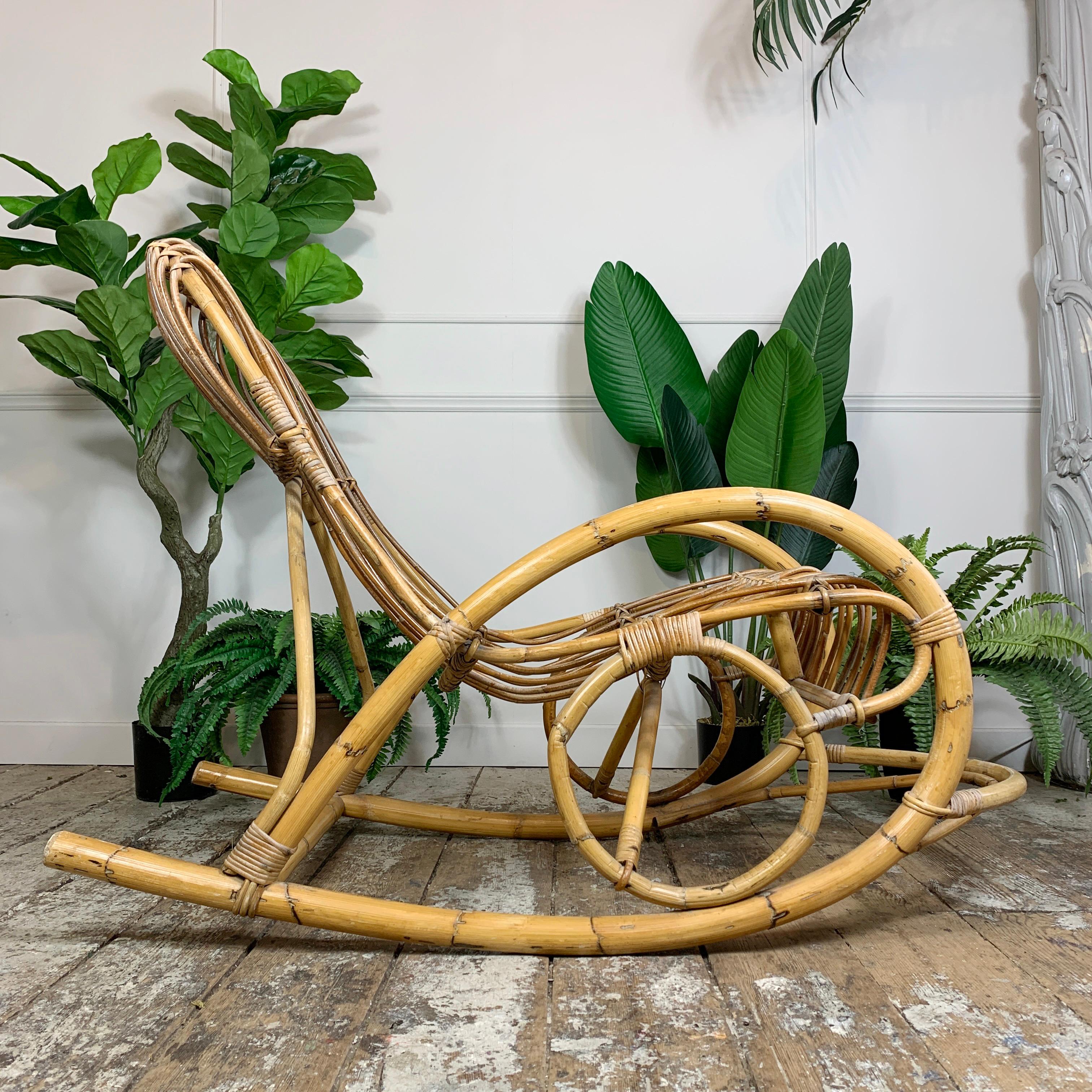 Mid-Century Modern Rocking Chair in Bamboo and Rattan Attributed to Franco Albini, 1950’s For Sale