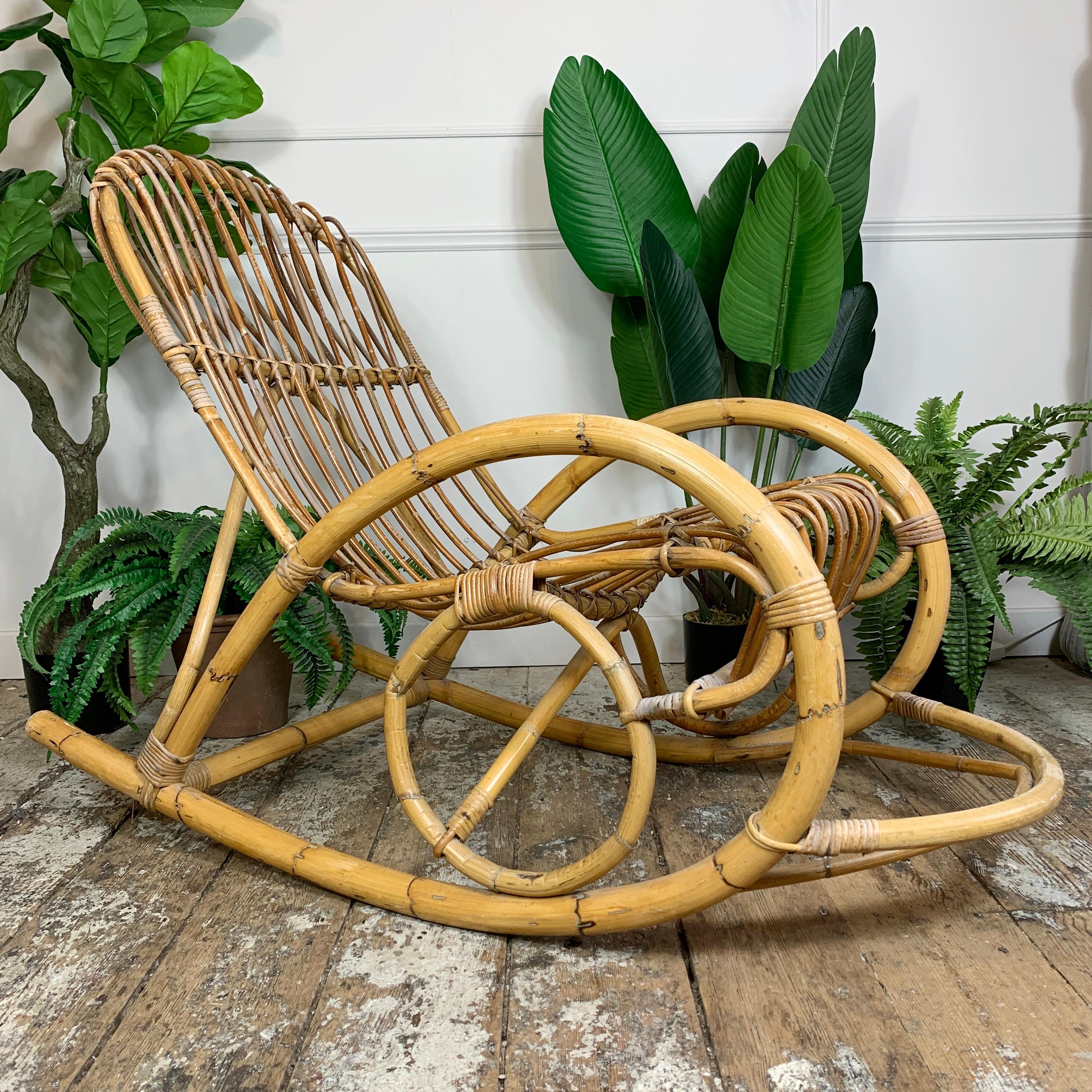 Hand-Crafted Rocking Chair in Bamboo and Rattan Attributed to Franco Albini, 1950’s For Sale