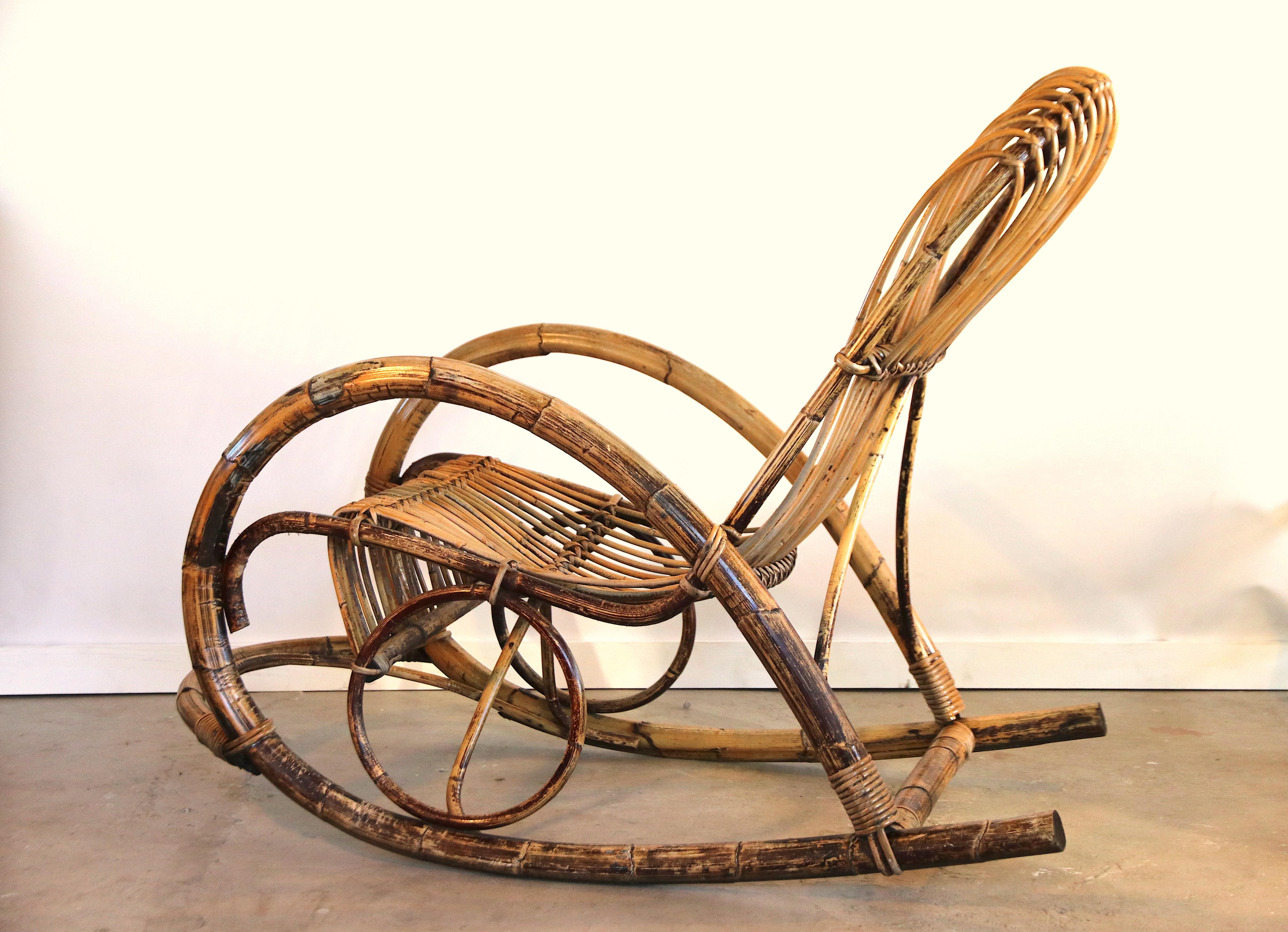 Rocking Chair in Bamboo and Rattan Franco Albini Attributed, 1950 For Sale 3