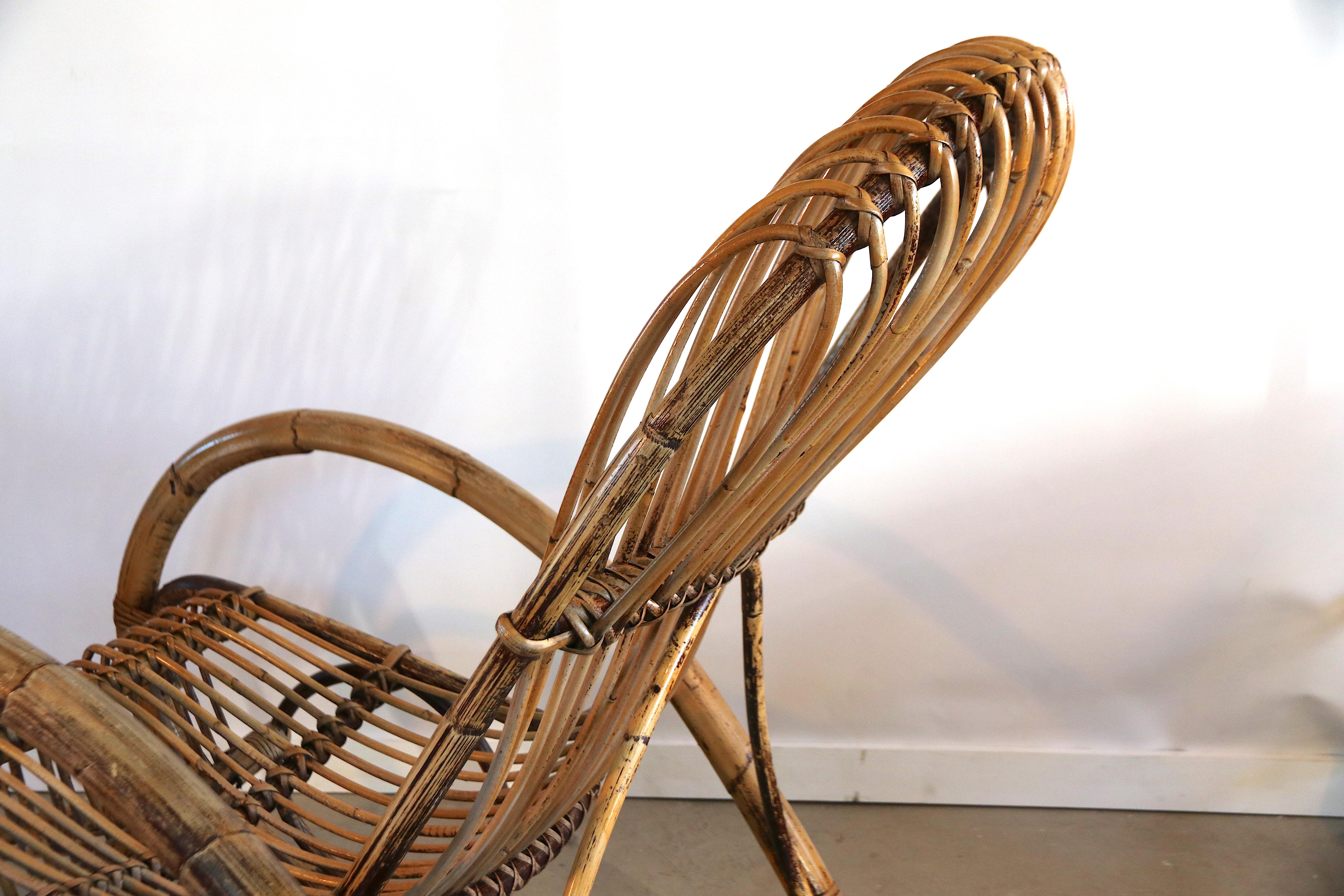 Mid-Century Modern Rocking Chair in Bamboo and Rattan Franco Albini Attributed, 1950 For Sale