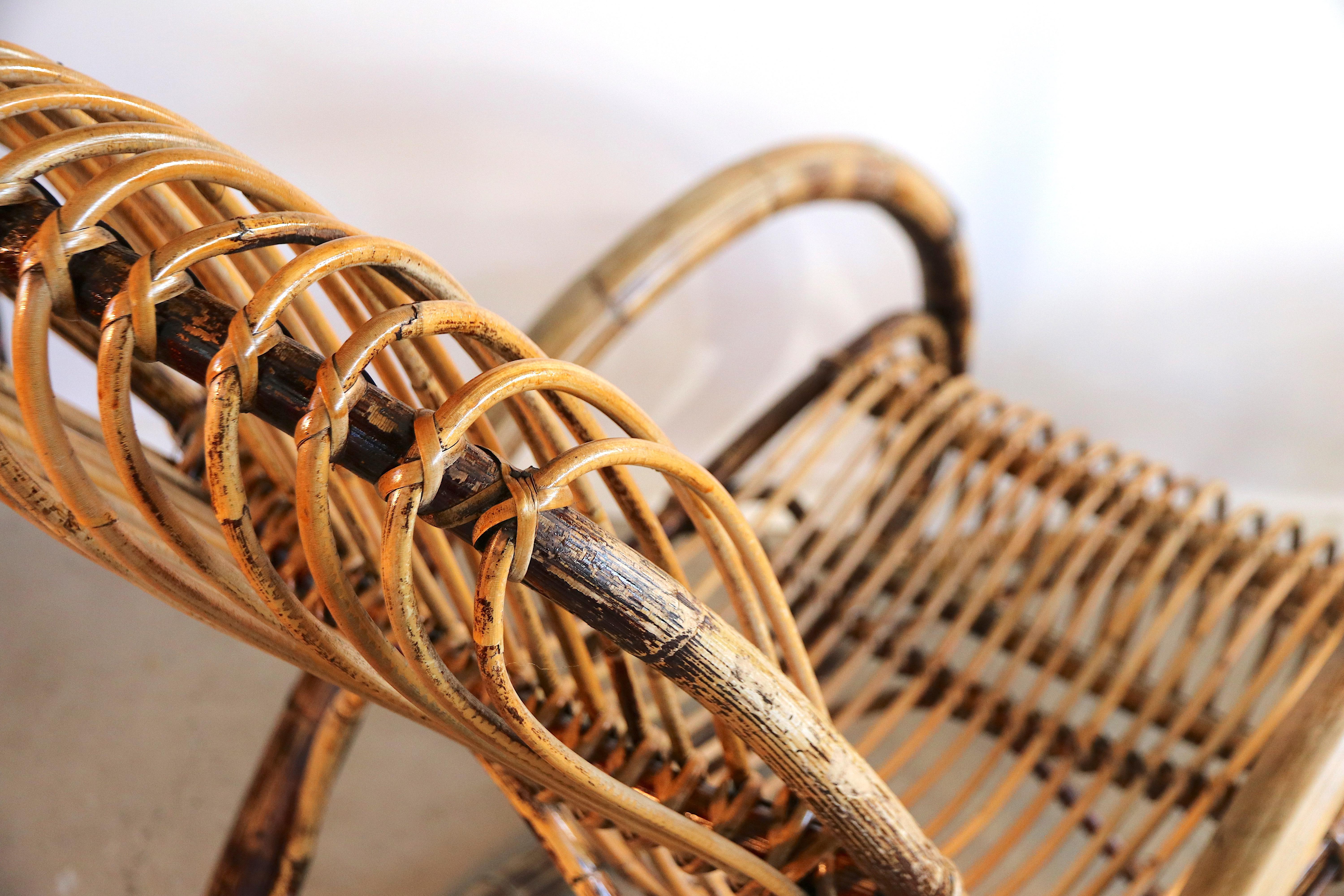 Italian Rocking Chair in Bamboo and Rattan Franco Albini Attributed, 1950 For Sale