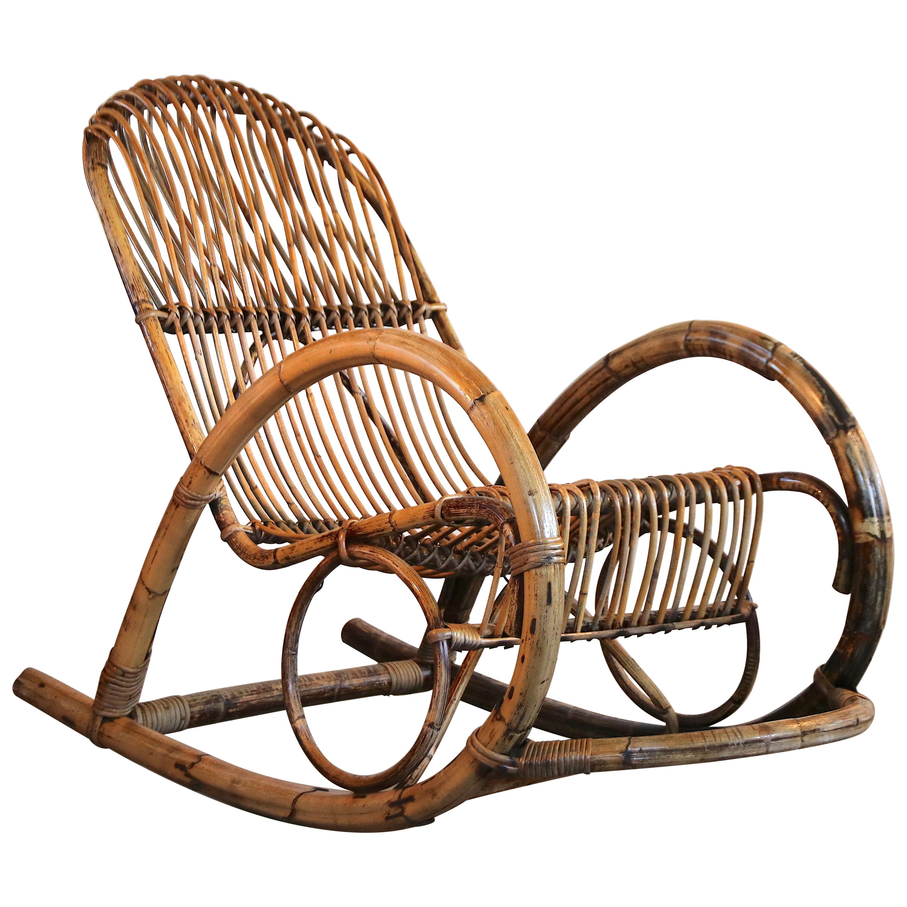 Rocking Chair in Bamboo and Rattan Franco Albini Attributed, 1950 For Sale