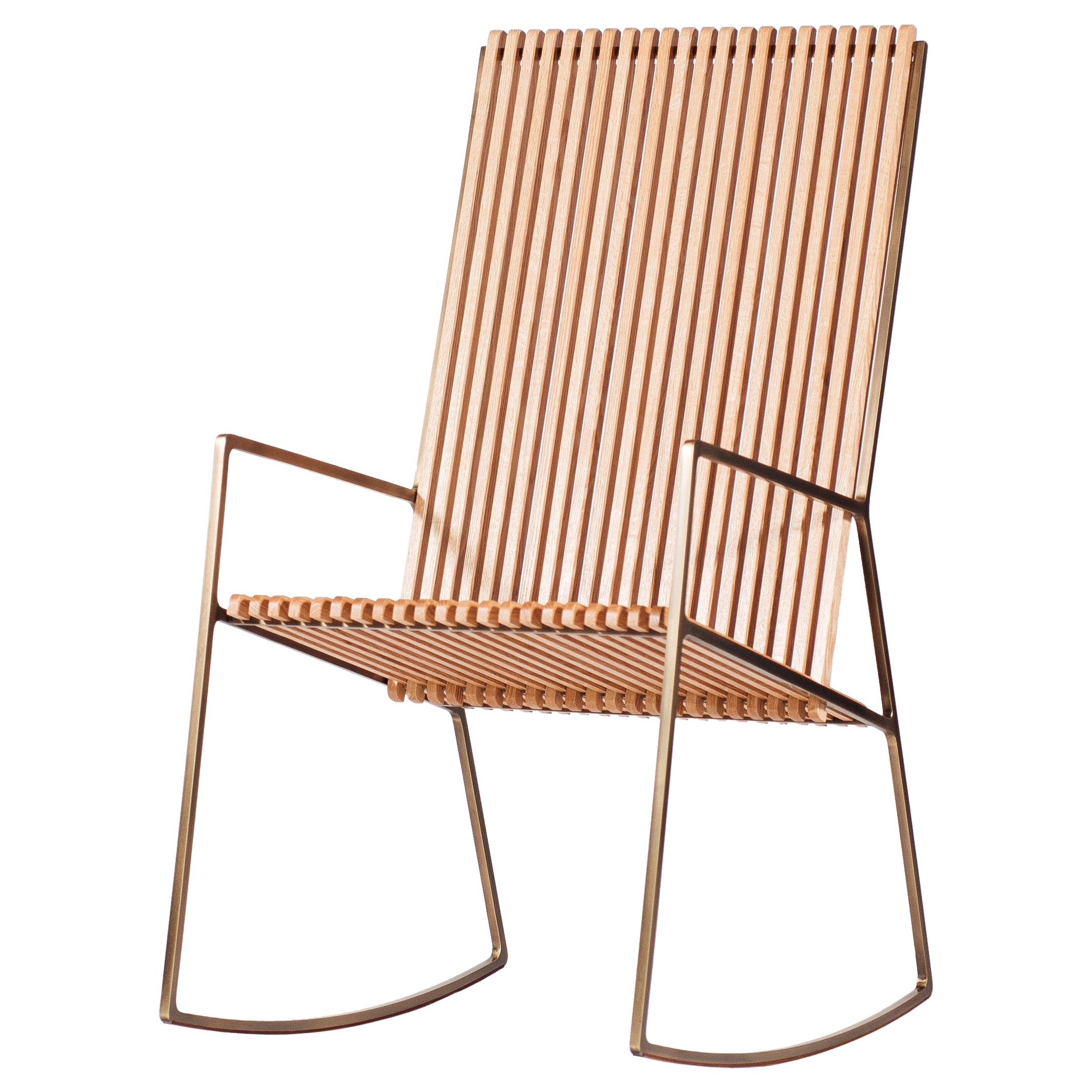 Rocking Chair in Laser-Cut Burnish Brass Plated Steel and Oak Slats