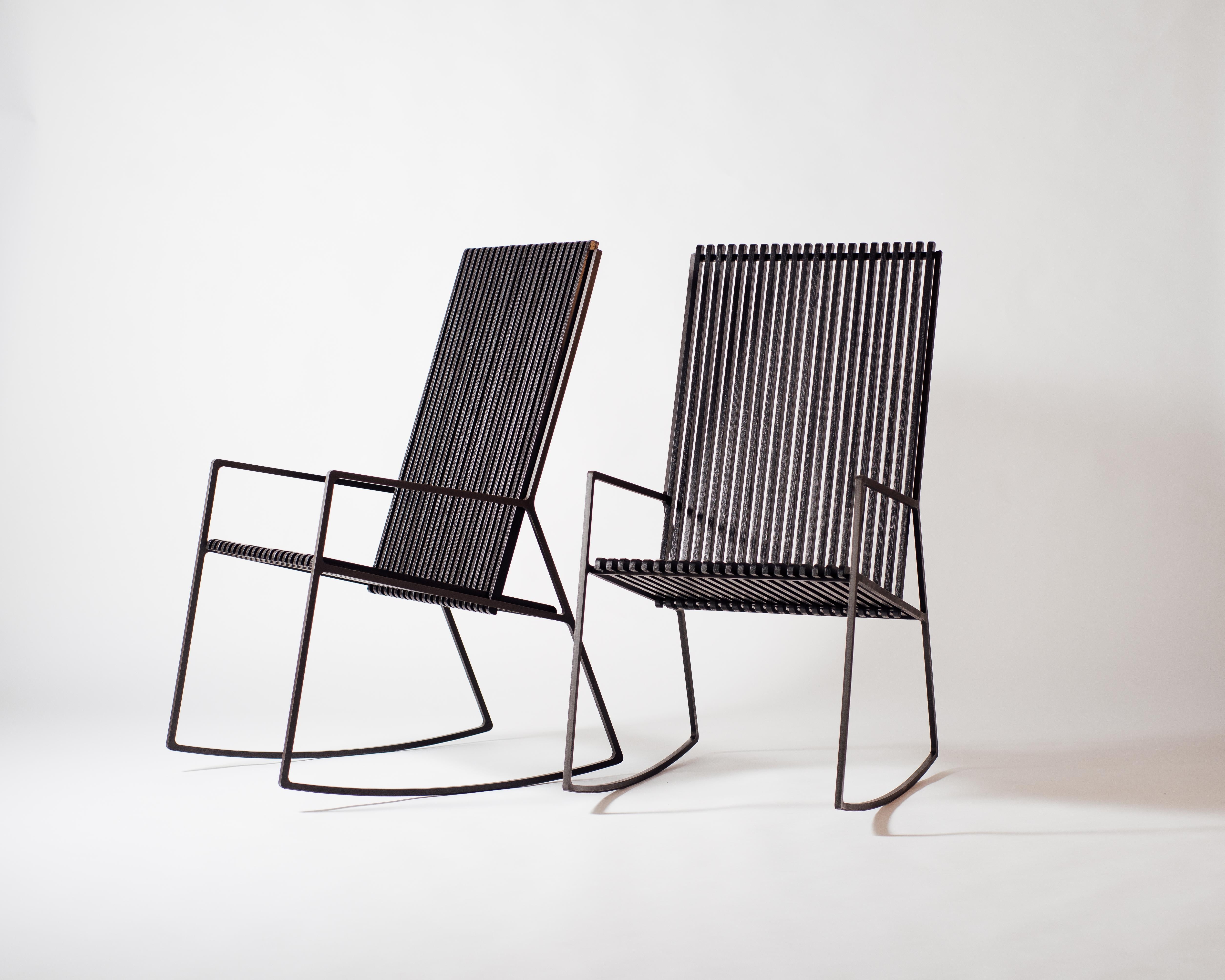 Modern Rocking Chair in Laser-Cut Blackened Steel and Black Oak Slats For Sale