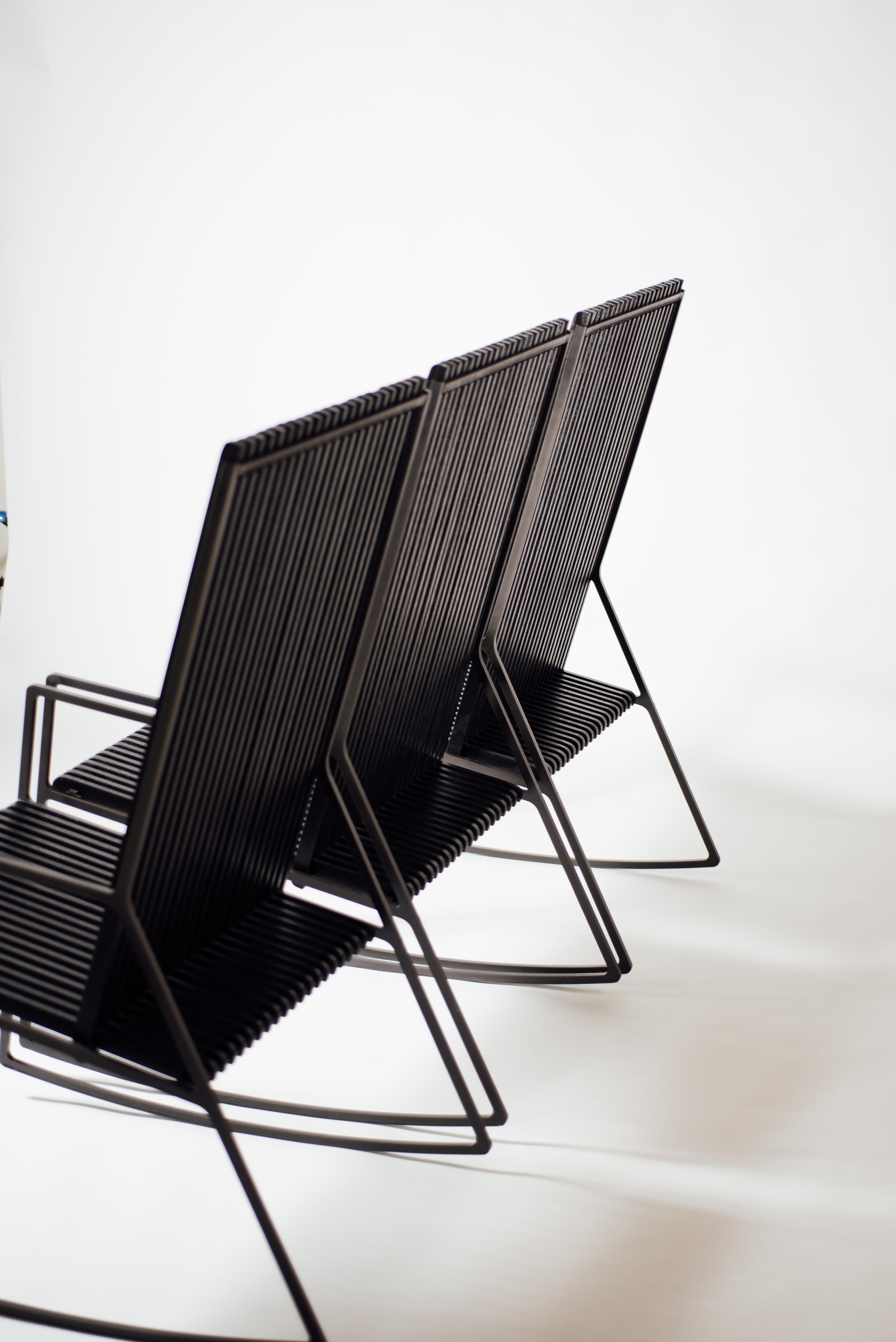 American Rocking Chair in Laser-Cut Blackened Steel and Black Oak Slats For Sale